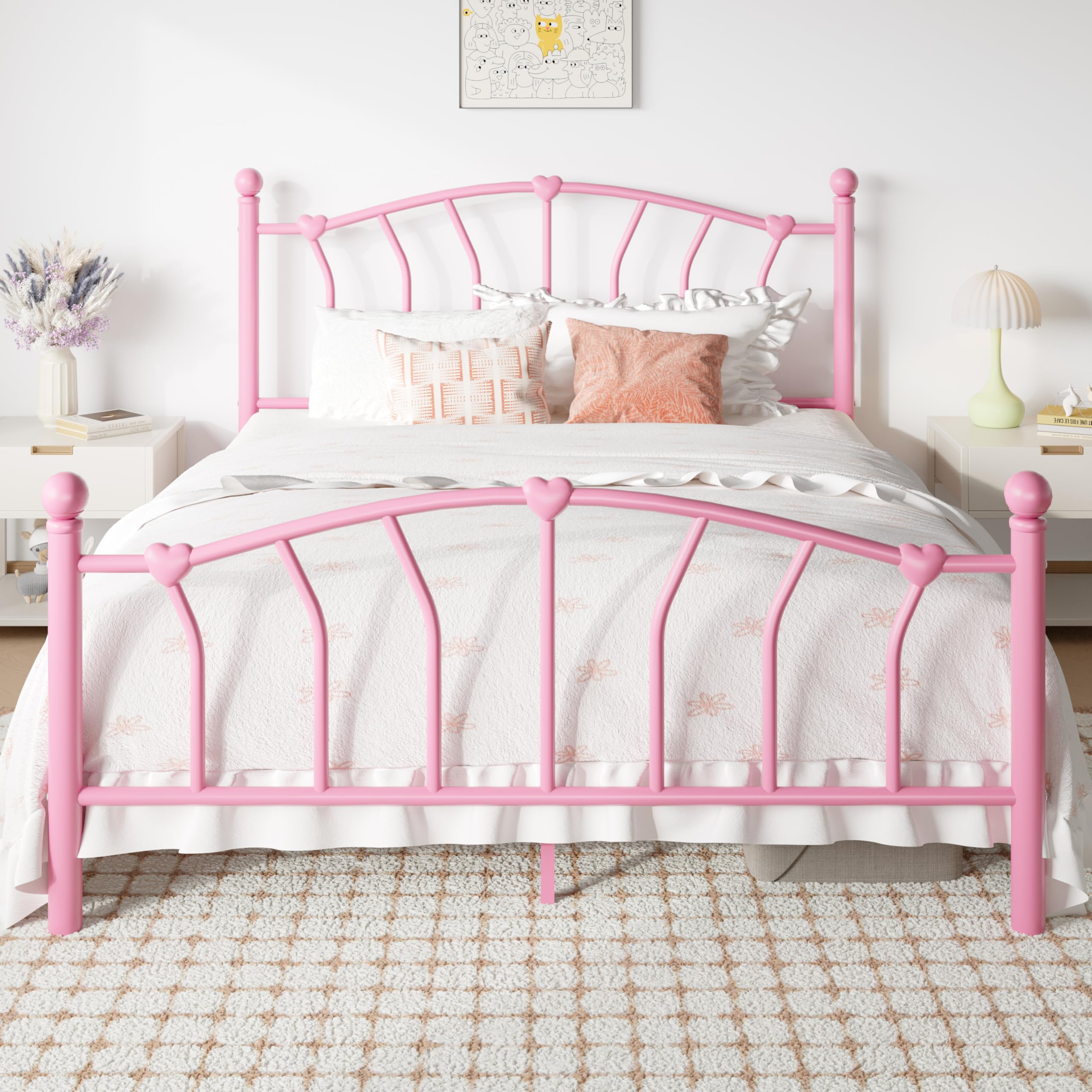 SHA CERLIN 14 Inch Full Size Metal Platform Bed Frame with Heart Shaped Iron-Art Headboard/Footboard, Under Bed Storage, Noise Free Mattress