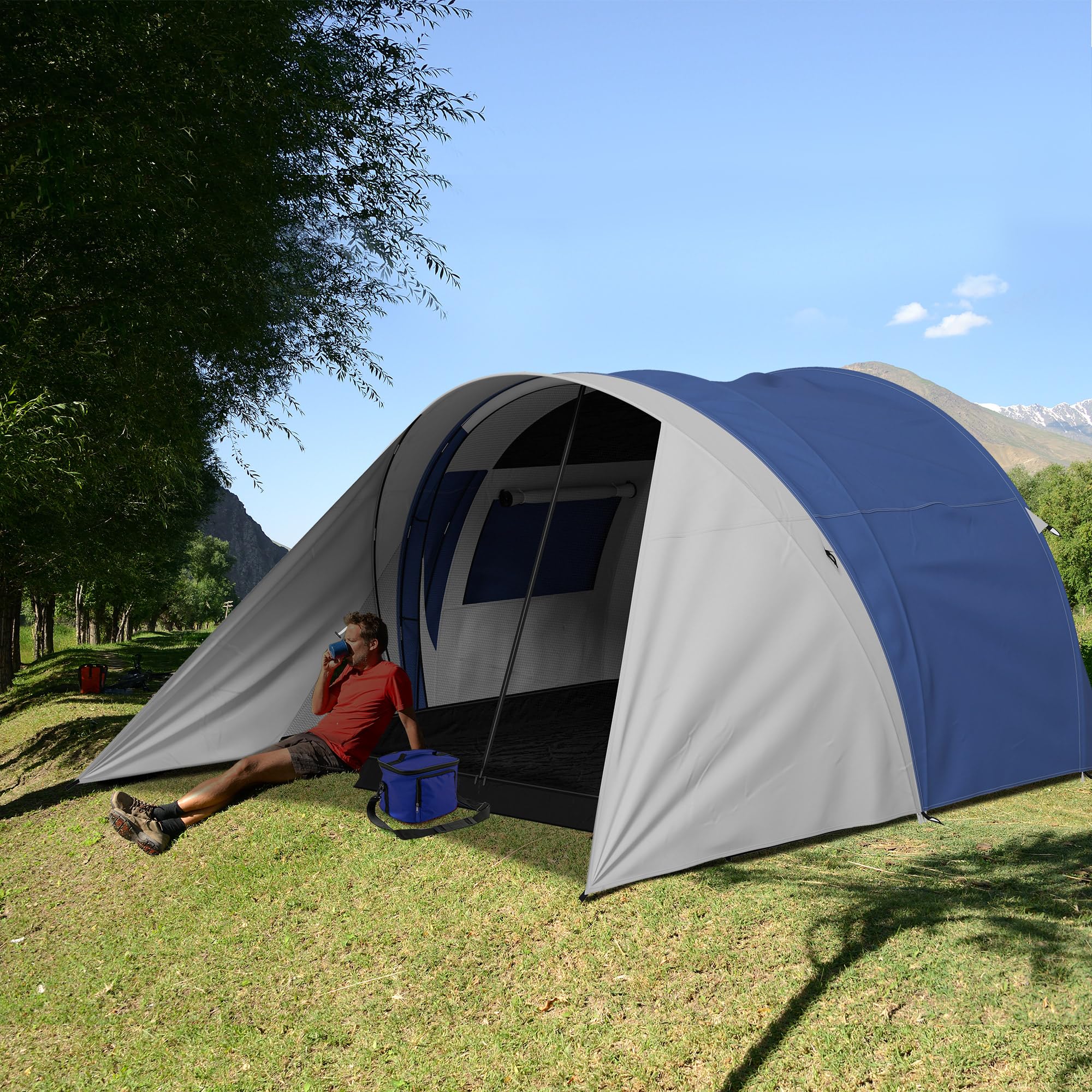 Outsunny Tente de Camping familiale 3-4 Personnes avec Double Toit 3000 mm et Sac de Transport, Tente Tunnel étanche légère ventilée Facile à Monter, dim. 390L x 315l x 188H cm