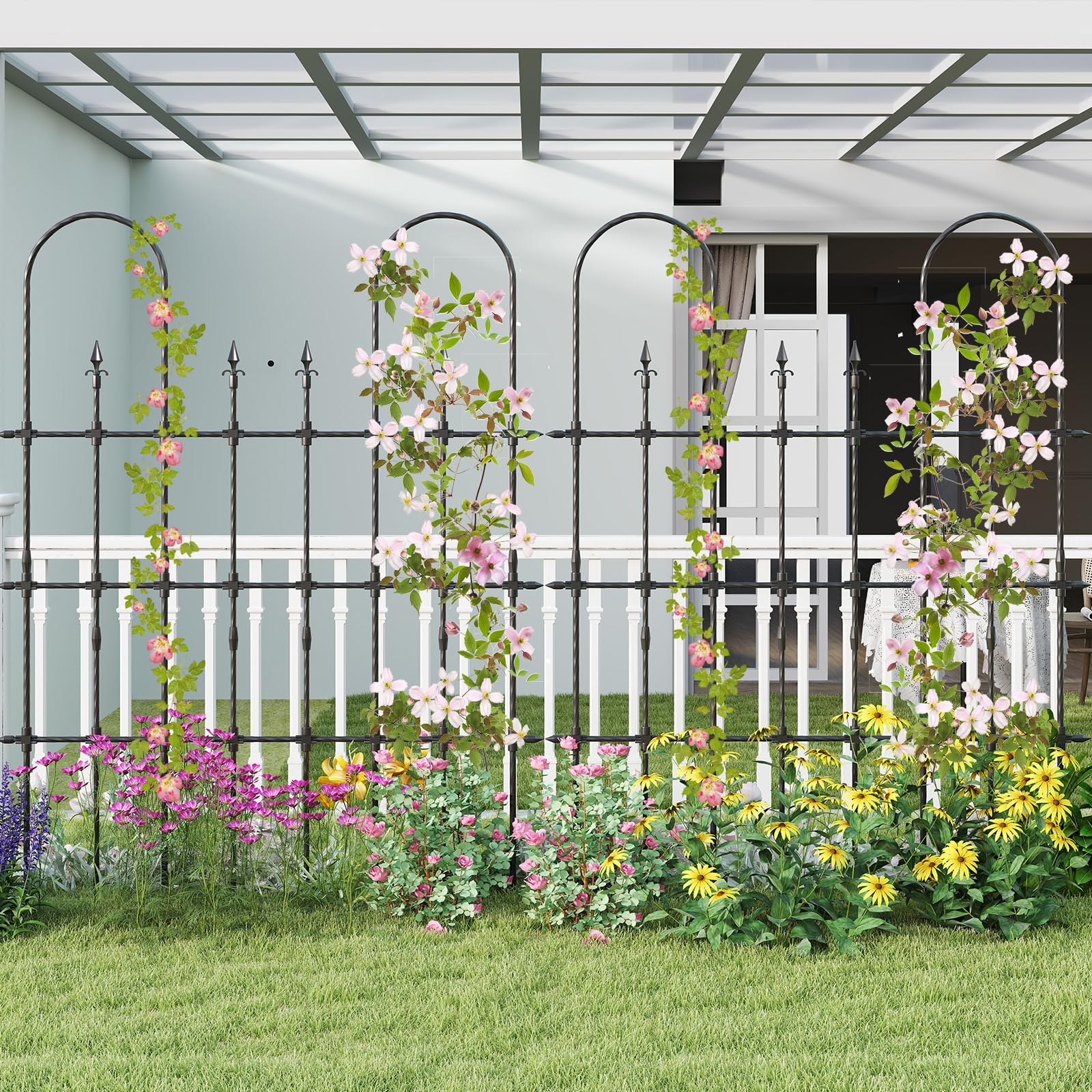 GOPLUS Rankgitter Metall, Gartenzaun mit Spitz-Heringen, U-förmiges Rosenspalier, Rankhilfe Spalier, Sichtschutz Garten, Gartenspalier Pflanzengitter für Kletterpflanzen, Blumen & Rosen, 146 x 186 cm