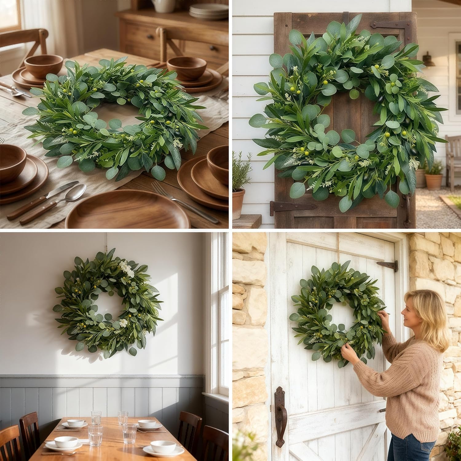 26 Inch Farmhouse Olive Wreath for Front Door, Extra Full Faux Olive Eucalyptus & Willow Greenery, Realistic All Season Spring Summer Wreath for Wedding, Kitchen, Indoor Outdoor Decor