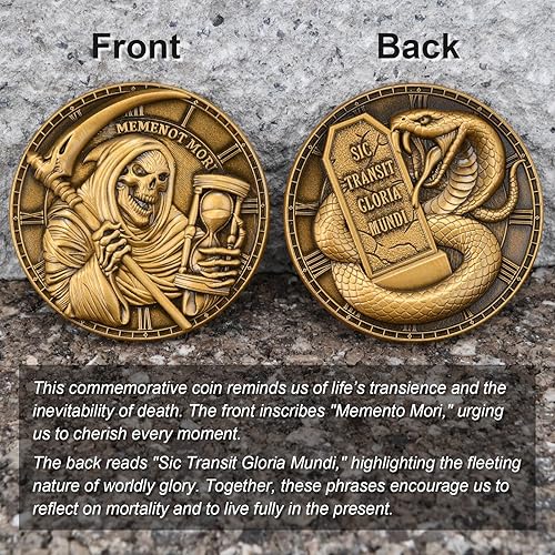 Miniatura 2 de Moneda Memento Mori - Diseño de la parca y serpiente, diseño de reloj de arena y lápida, vitrina incluida, ideal para entusiastas y regalos (moneda