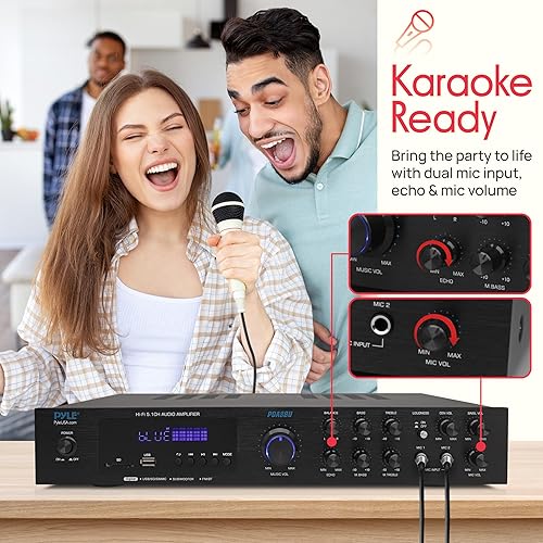 Miniatura 5 de Pyle Bluetooth Audio Amplifier - Home Stereo Receiver with 5 Channels and Subwoofer Out - MP3/USB/SD - AUX - FM Radio - 2 Mic Inputs w/ Echo - VFD