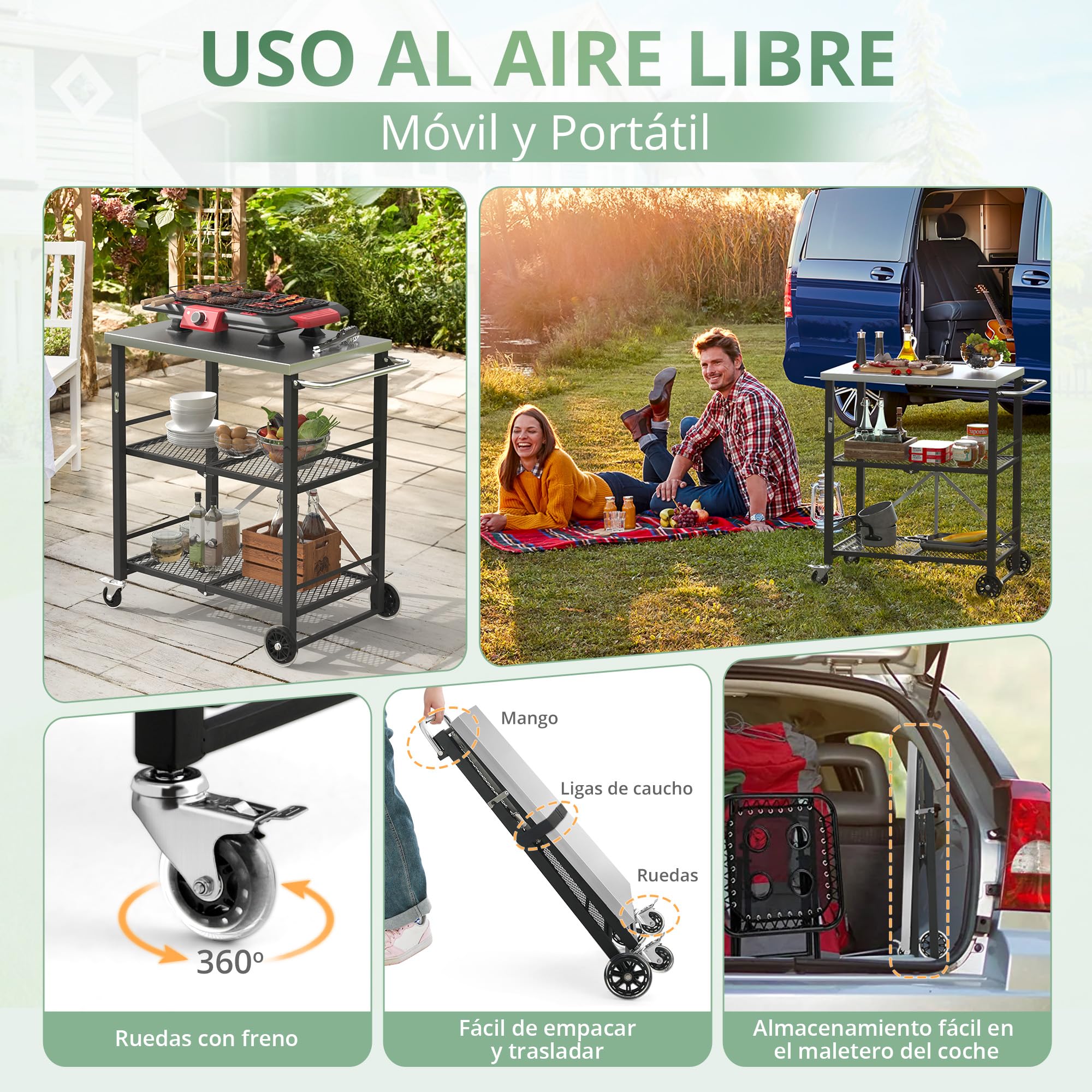 LUE BONA Mesa de Barbacoa con 2 Niveles,Carro de Barbacoa con 4 Ruedas Cerradas,Postre Exterior para Barbacoa con Ganchos y Estante,Carrito de Comedor para Cocinas,Barbacoas,Fiestas,47x70x86 cm,Negro