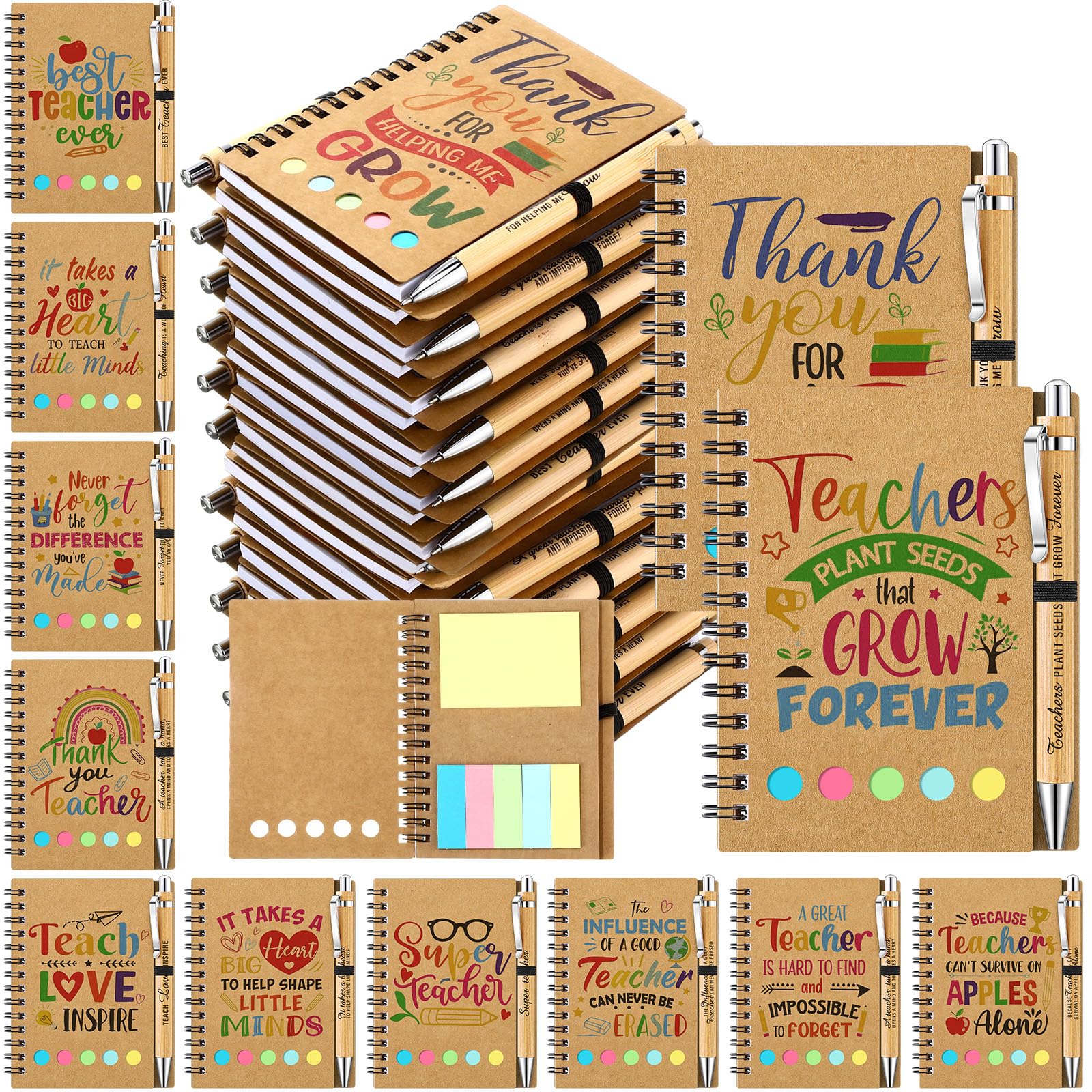 Resurhang 24 set di regali di apprezzamento per insegnanti da studenti, quaderni a spirale per insegnanti con copertina in carta kraft con note adesive colorate bandiere penne a sfera in bambù