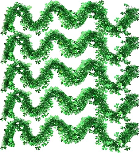 Guirnalda de oropel del día de San Patricio, 5 unidades, 33 pies, trébol metálico, guirnalda verde brillante con purpurina para decoración irlandesa