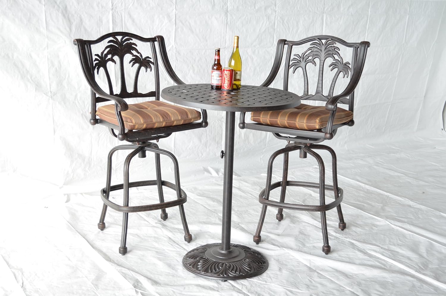 Palm Tree Outdoor Patio 3pc Set Pedestal Bar Table 30" Dark Bronze Cast Aluminum, Walnut Cushions