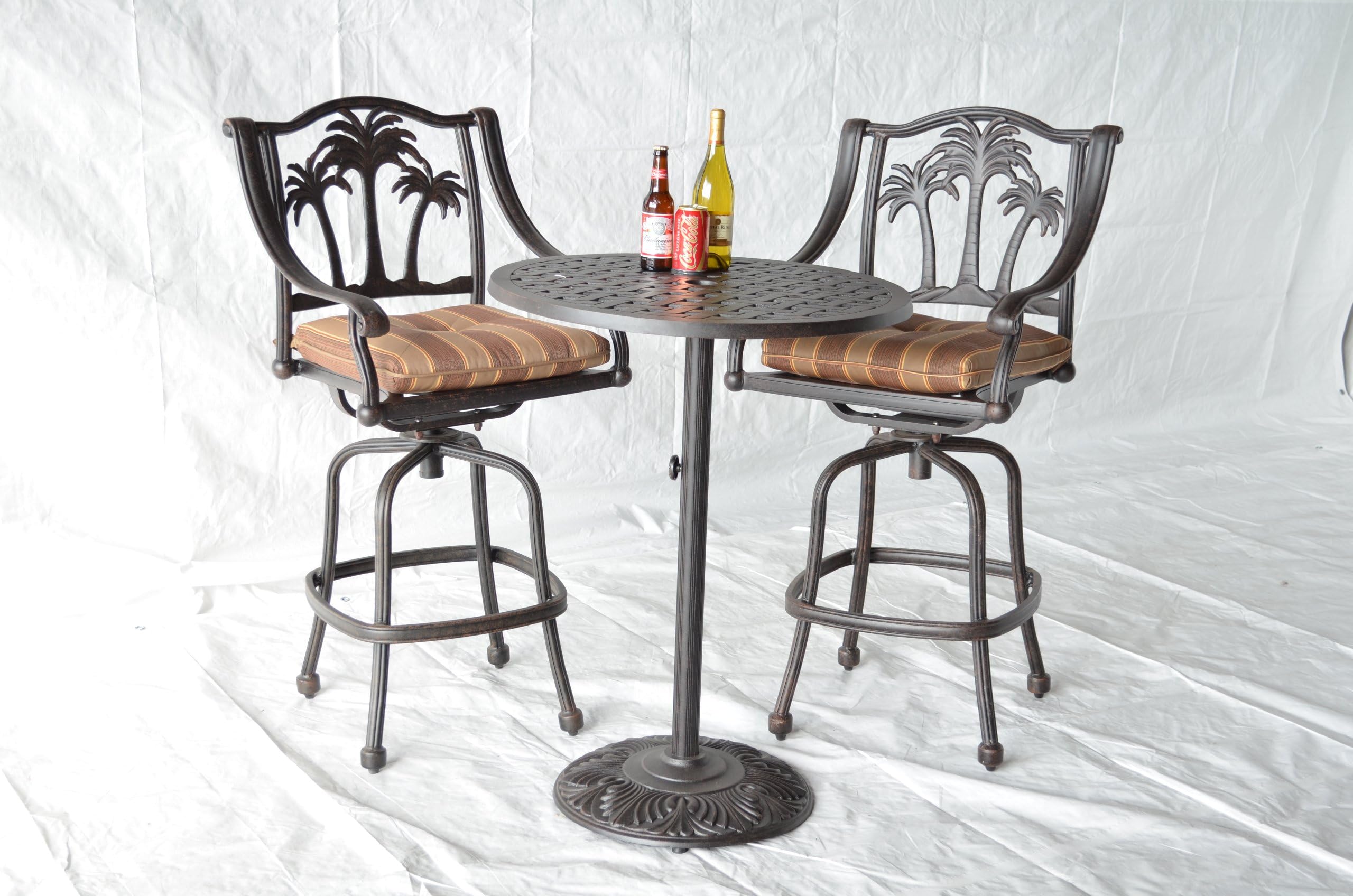 Palm Tree Outdoor Patio 3pc Set Pedestal Bar Table 30" Dark Bronze Cast Aluminum, Walnut Cushions