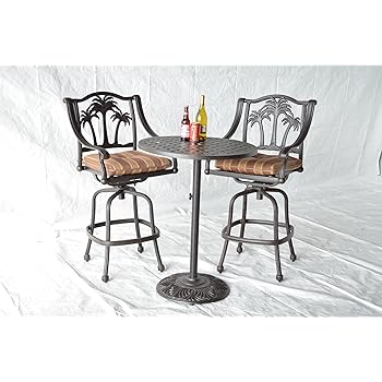 Amazon Com Palm Tree Outdoor Patio 3pc Set Pedestal Bar Table 30 Dark Bronze Cast Aluminum Walnut Cushions Garden Outdoor
