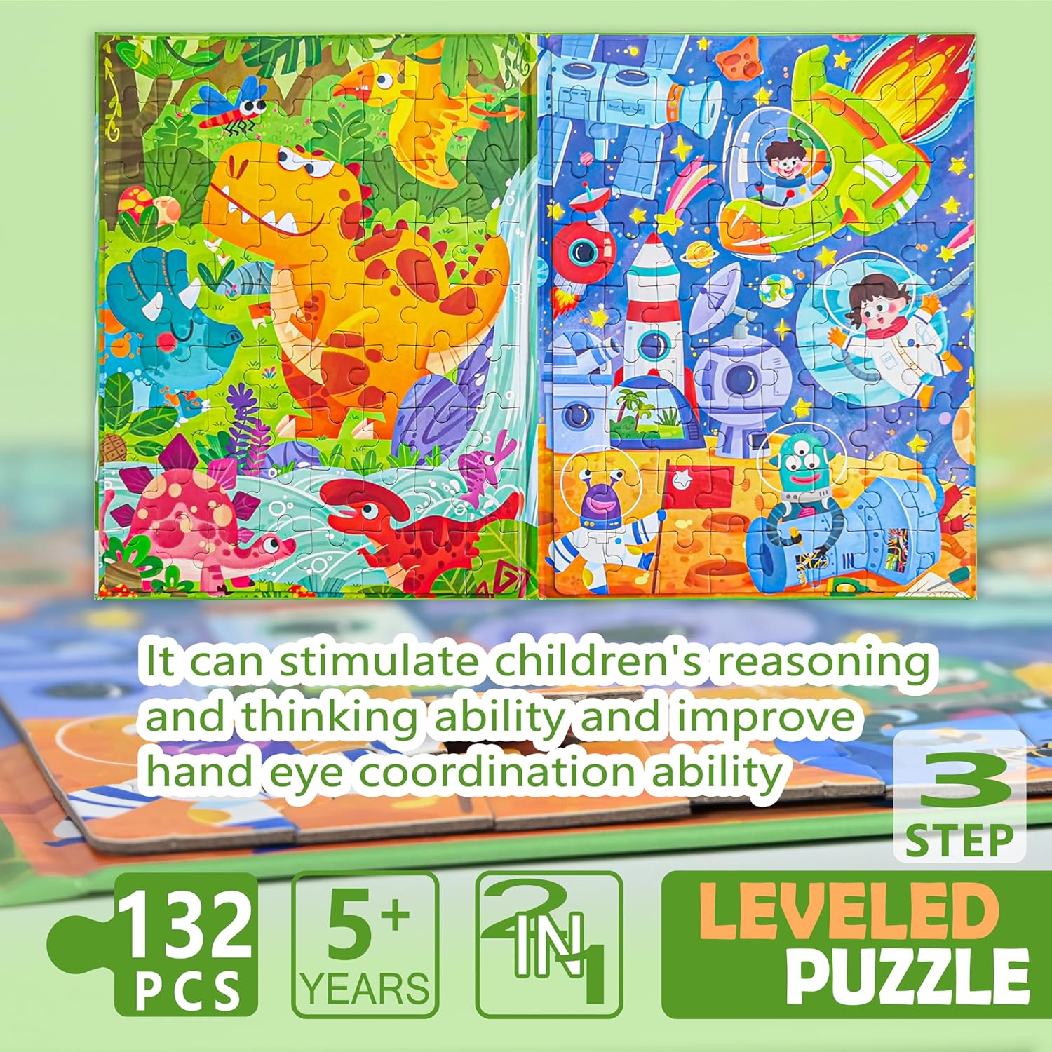 D-KINGCHY Magnetic Puzzles for Kids Ages 5+, 2-in-1 Puzzle Book 60 72 Pieces, Travel Jigsaw Puzzles, Road Trips Toys for 5 6 7 8 Boys Girls Birthday Gift (Dinosaur and Space)