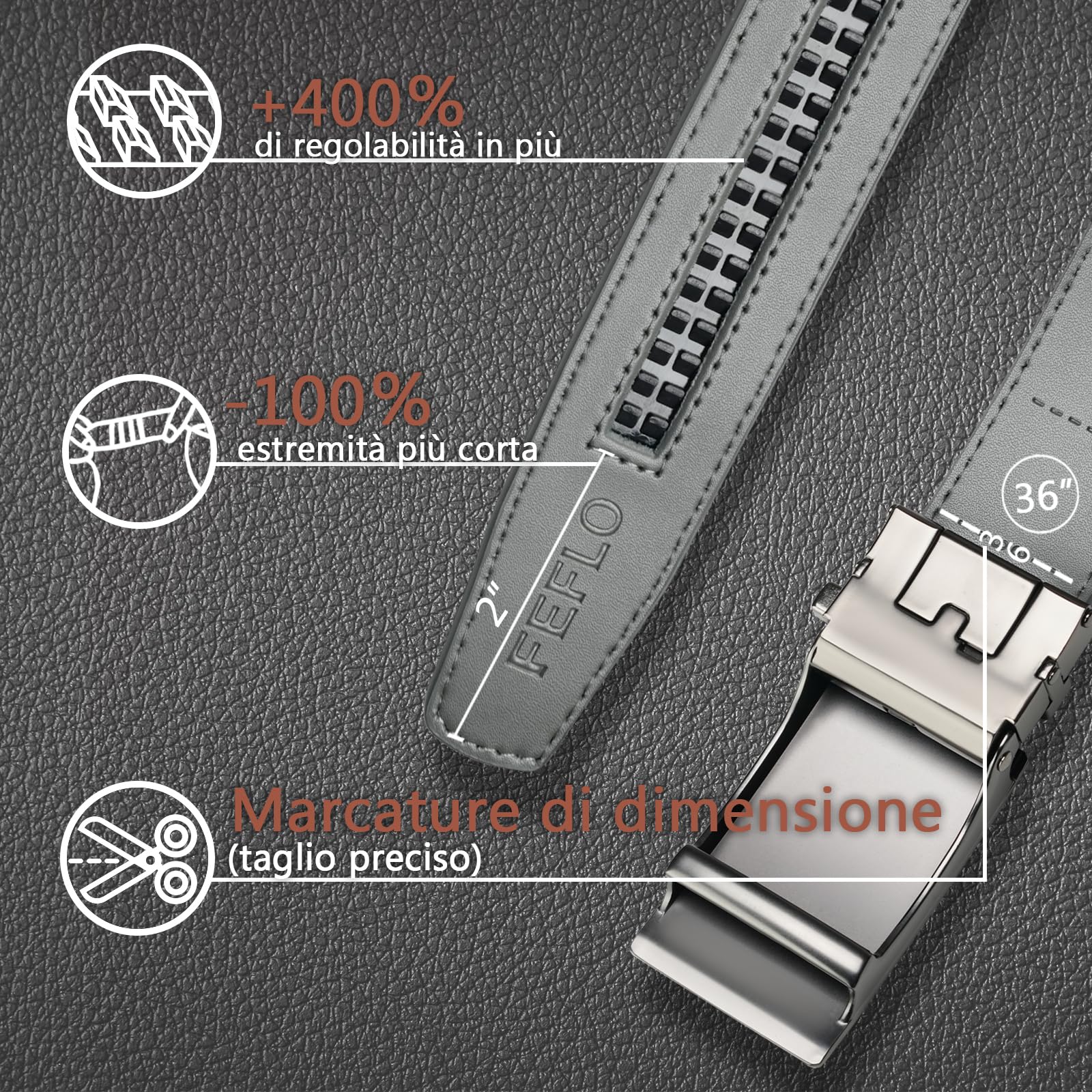 FEFLO Cintura Uomo, Cintura Pelle con Fibbia Automatica cricchétto, Larghezza 35 mm,Taglia Regolata, Adatto per abbigliamento da lavoro e casual