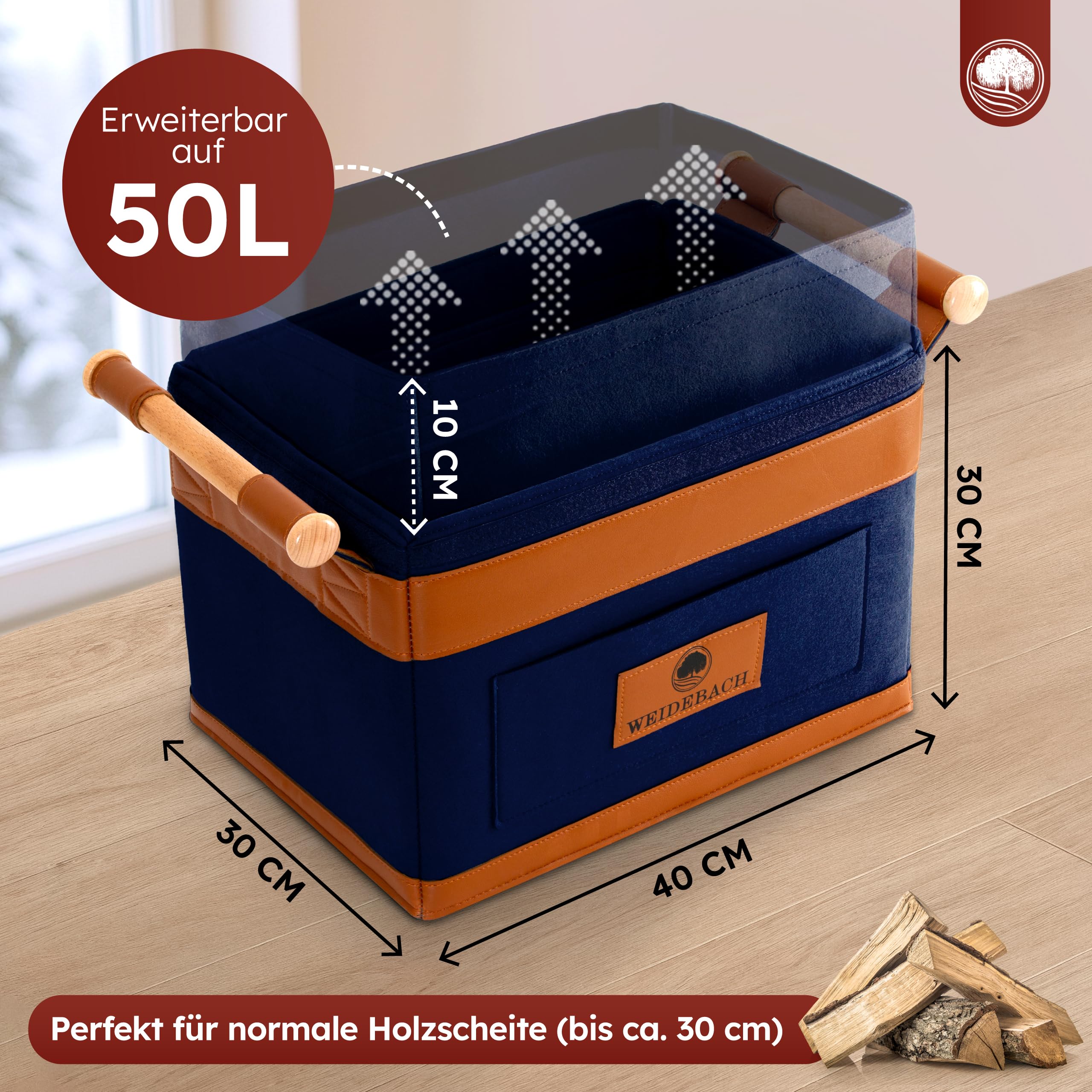 WEIDEBACH® Kosz na Drewno Kominkowe, 35 L (Rozszerzalny do 50 L)