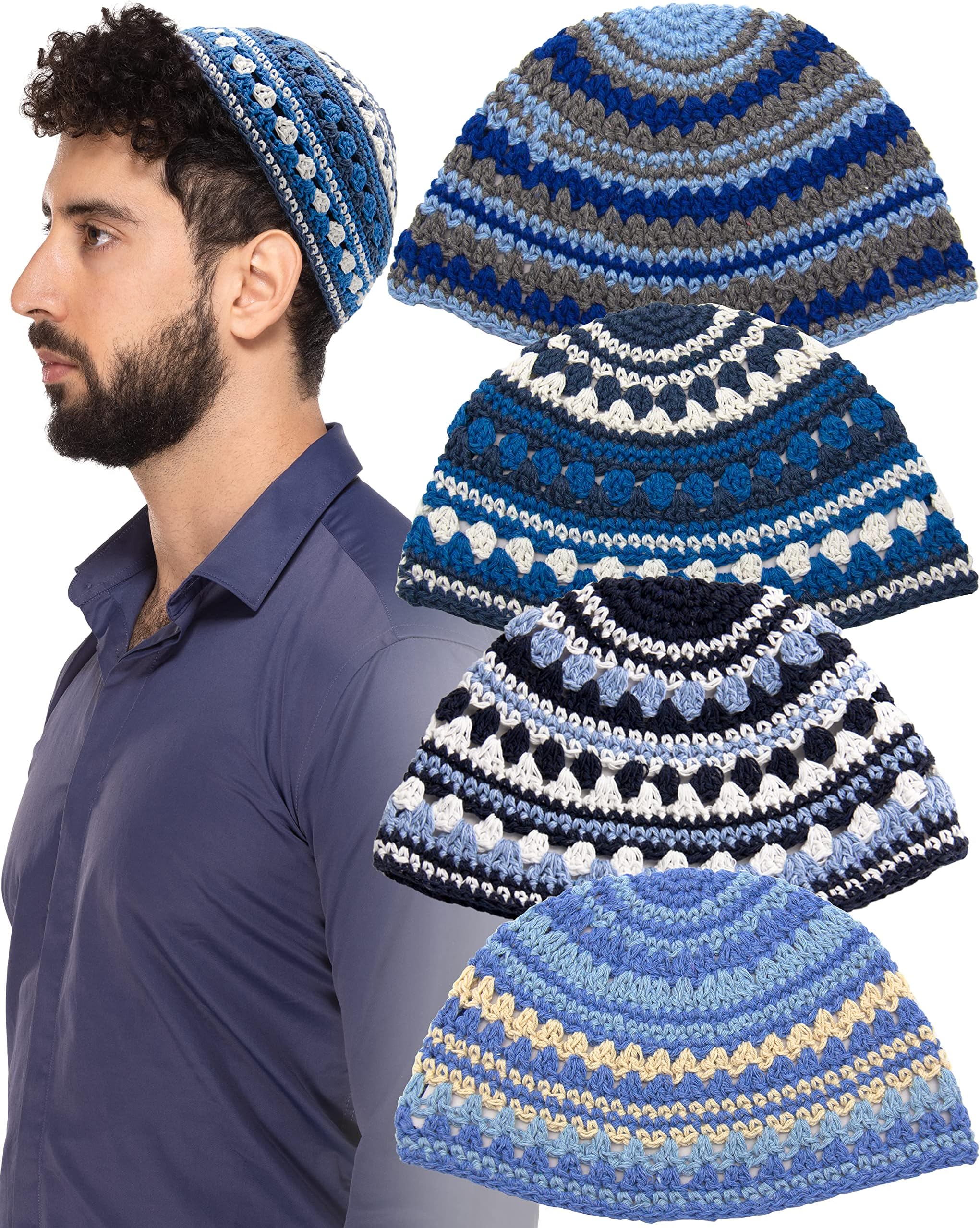 HolYudaica Pack of 4-Pcs - Hq 23cm/Large Size Mix Colors Handmade Frik Kippah for Men Boys and Kids, Yamaka Hat from Israel - Kippot Bulk (Mix 3)