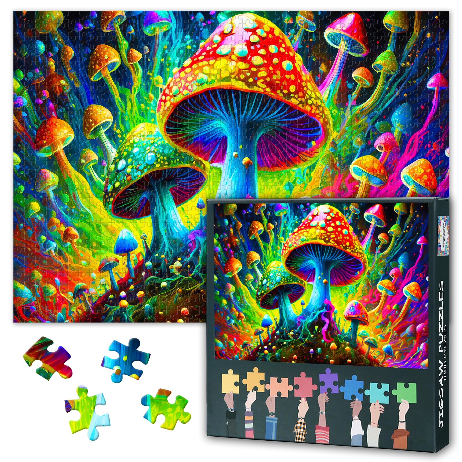 1000 Pieces for Adults Jigsaw Puzzles Colorful Mushrooms Puzzle for Adult Fantasy Mushrooms Magic Puzzle Challenge Impossible Wooden Puzzles for