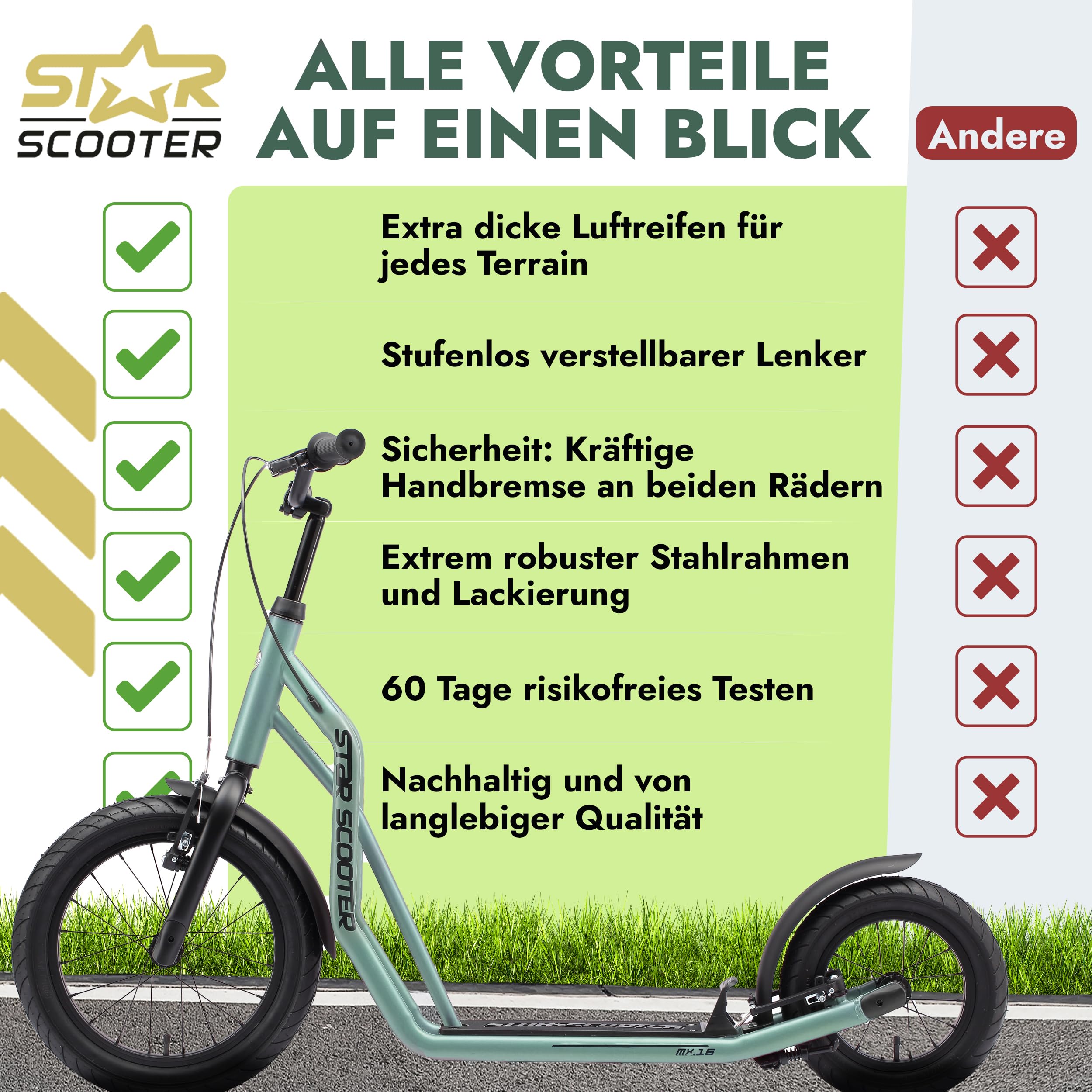 STAR SCOOTER Kinder Tret Roller ab 7-8 Jahre | 16/12 Zoll Mixed City Kick Scooter Luftreifen
