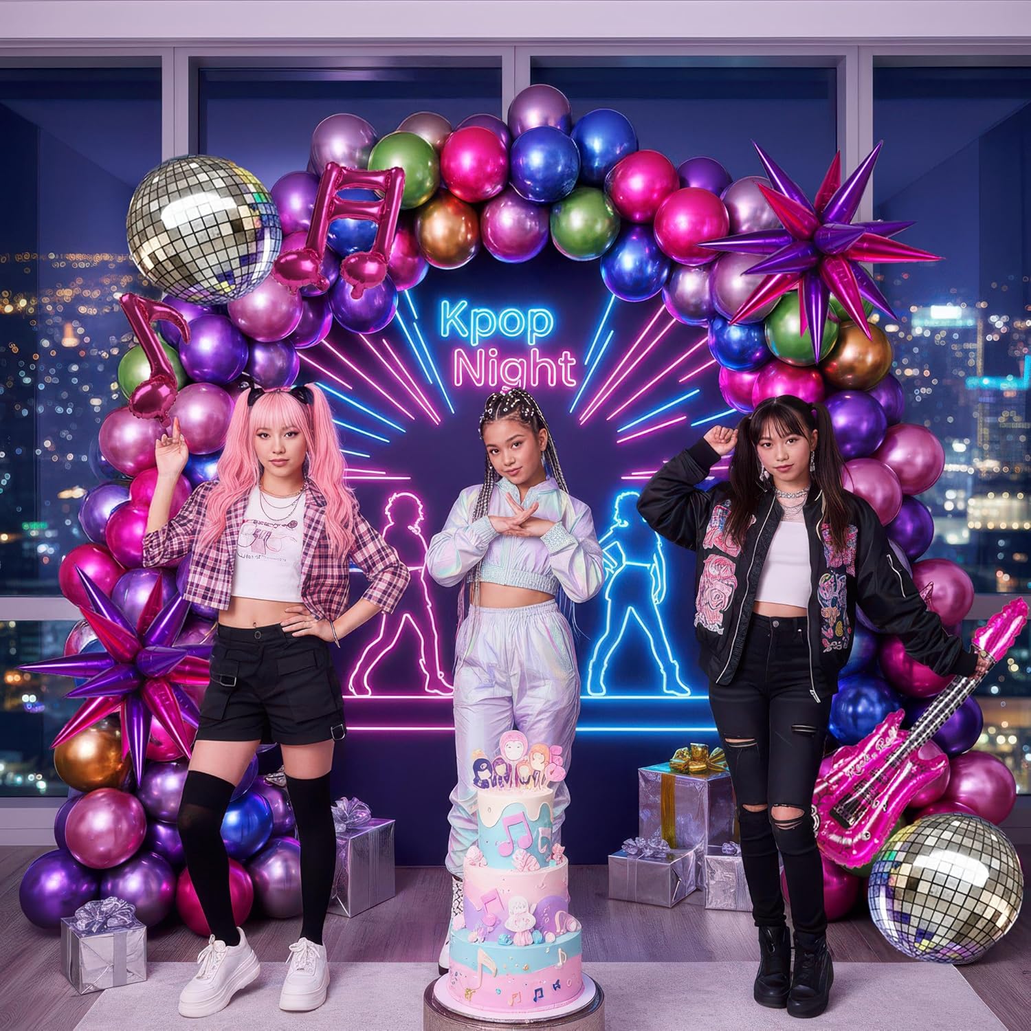K-Pop Music Themed Birthday Decorations with Metallic Hot Pink Purple Green Blue Silver Balloon kit - star Disco ball foil Balloons for 80s 90s fans bachelorette grad class of 2026 Prom Decorations