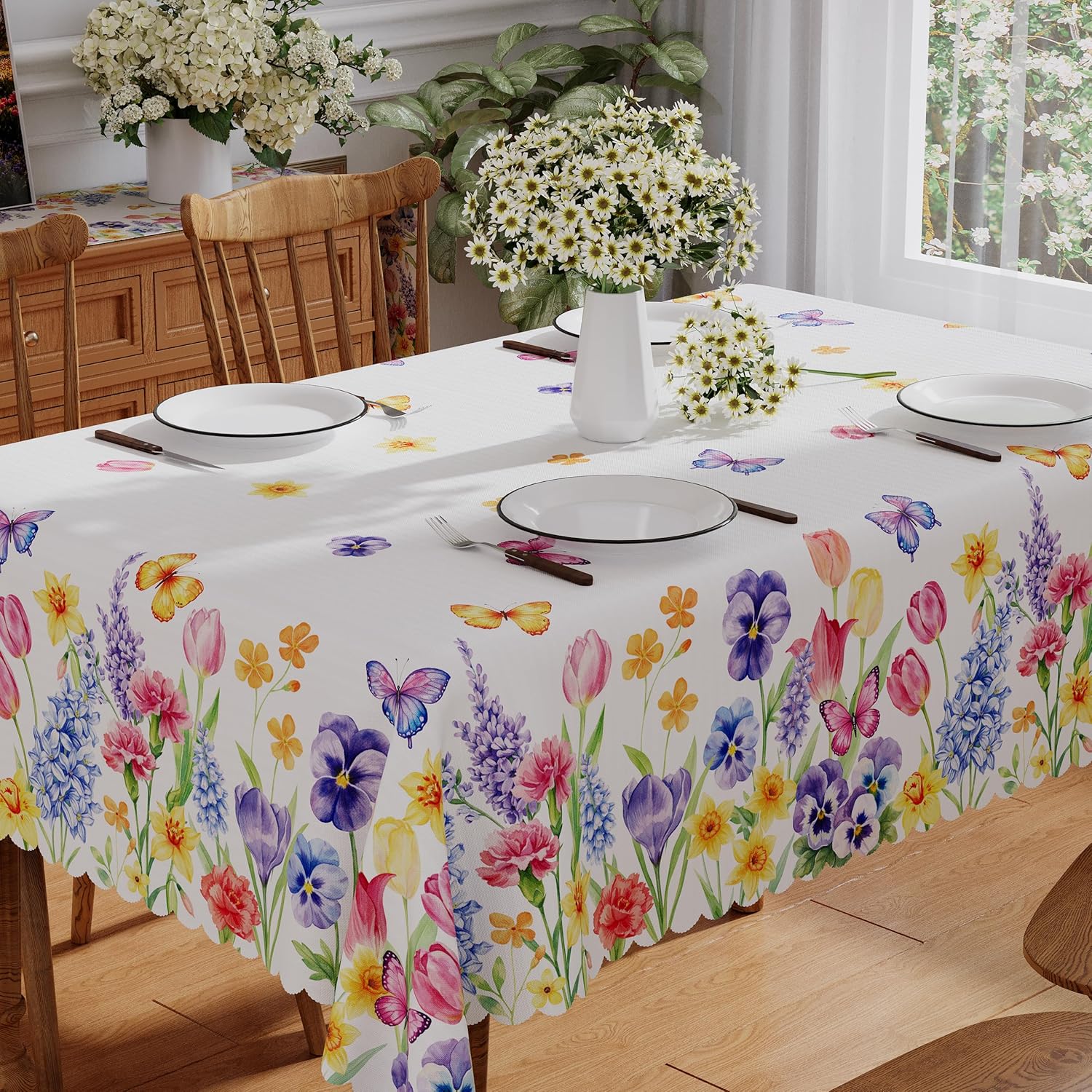 Siilues Spring Tablecloth Round 60x60 Inch, Washable Colorful Butterfly Floral Spring Table Cloth Seasonal Summer Waterproof Scalloped Edge Fabric Home Party Decorations Picnic Dining Table Cover