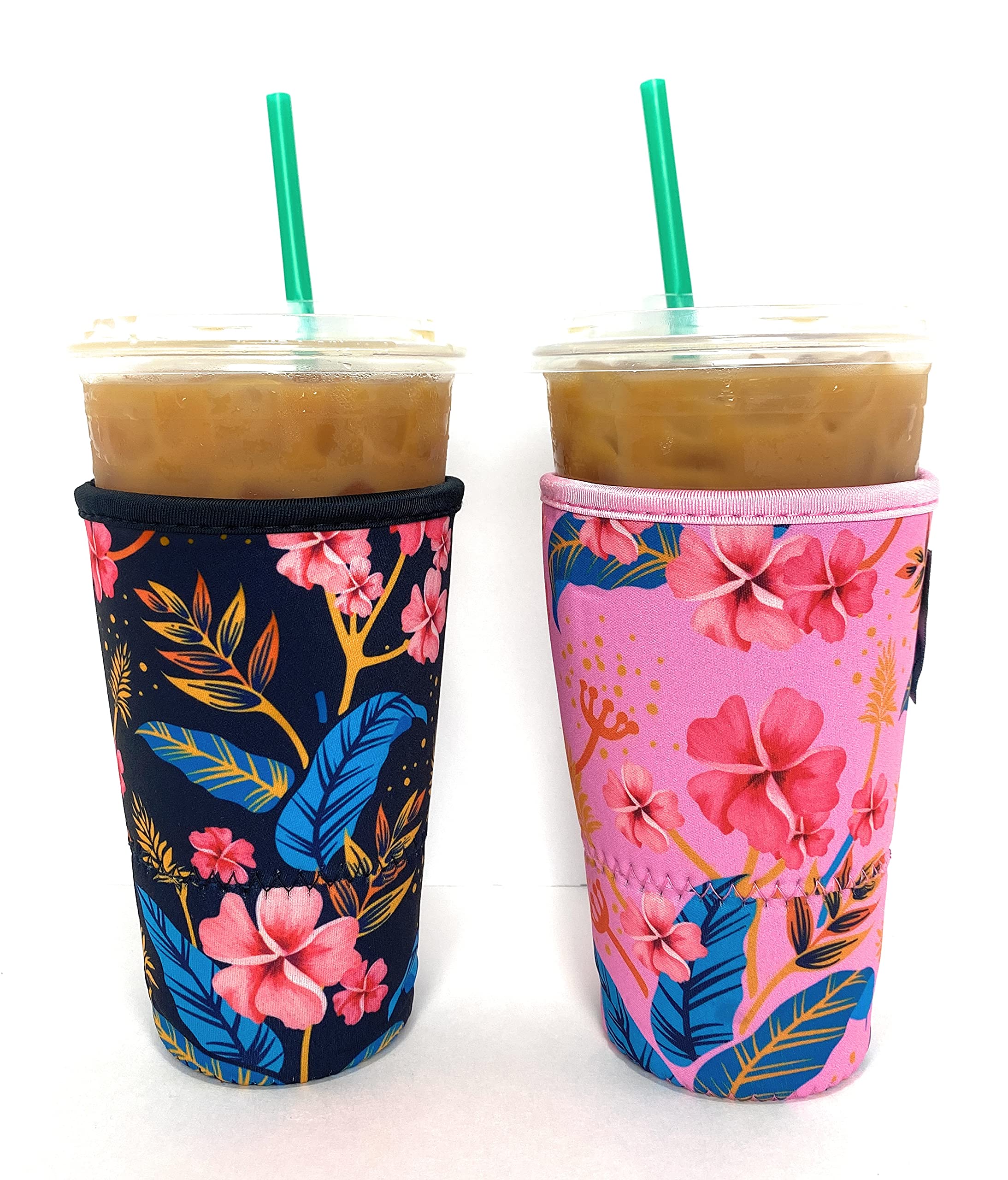 BAXENDALE AND COReusable Neoprene Insulator Sleeves for Large Sized Iced Coffee and Cold Drink Cups like Boba Tea Cups, Soda Cups, Tumblers and more (2 PK Large 32oz, Black & Pink Floral)