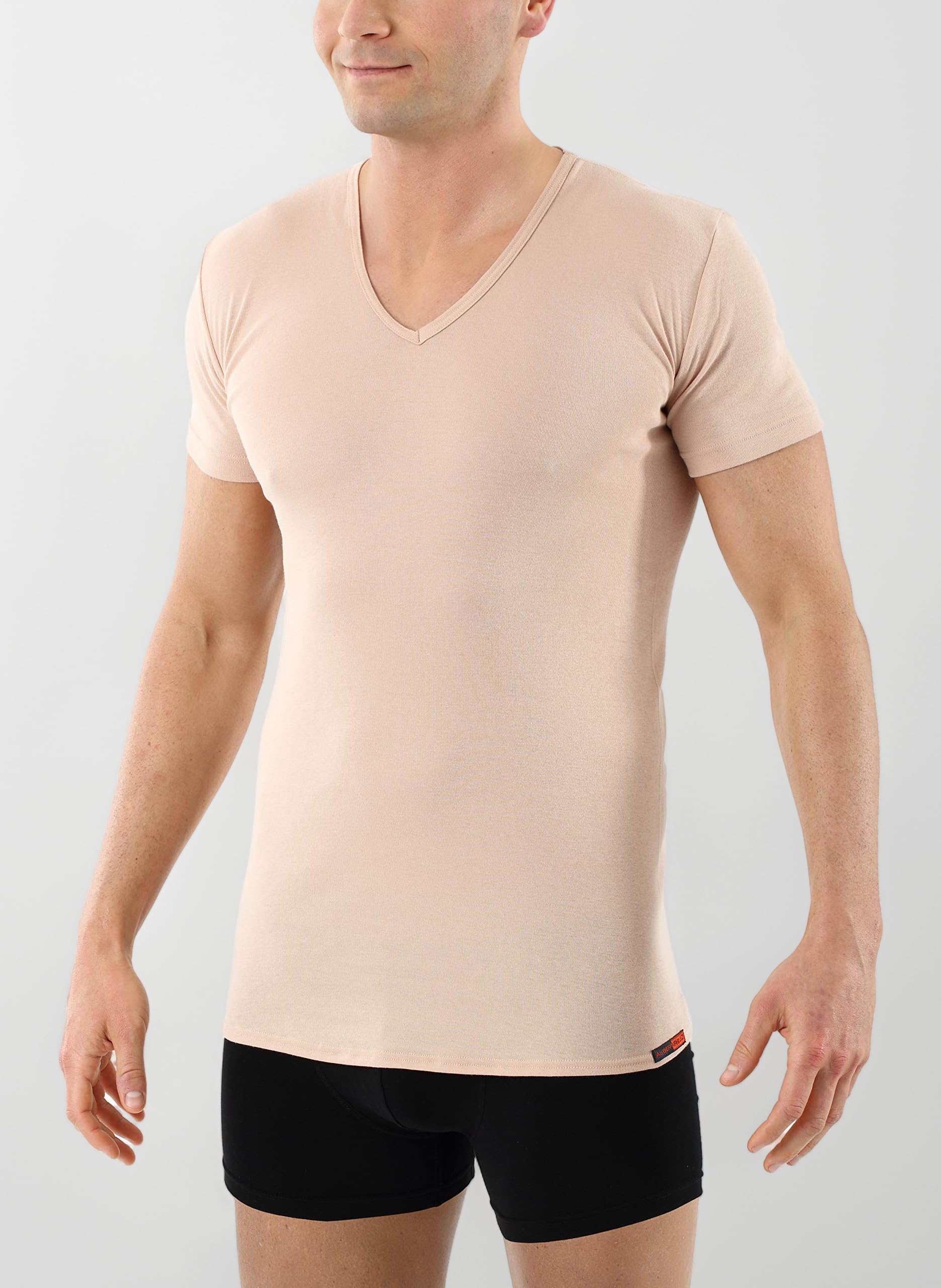 Men's Invisible Short Sleeve v-Neck Undershirt 100% Organic Cotton Nude