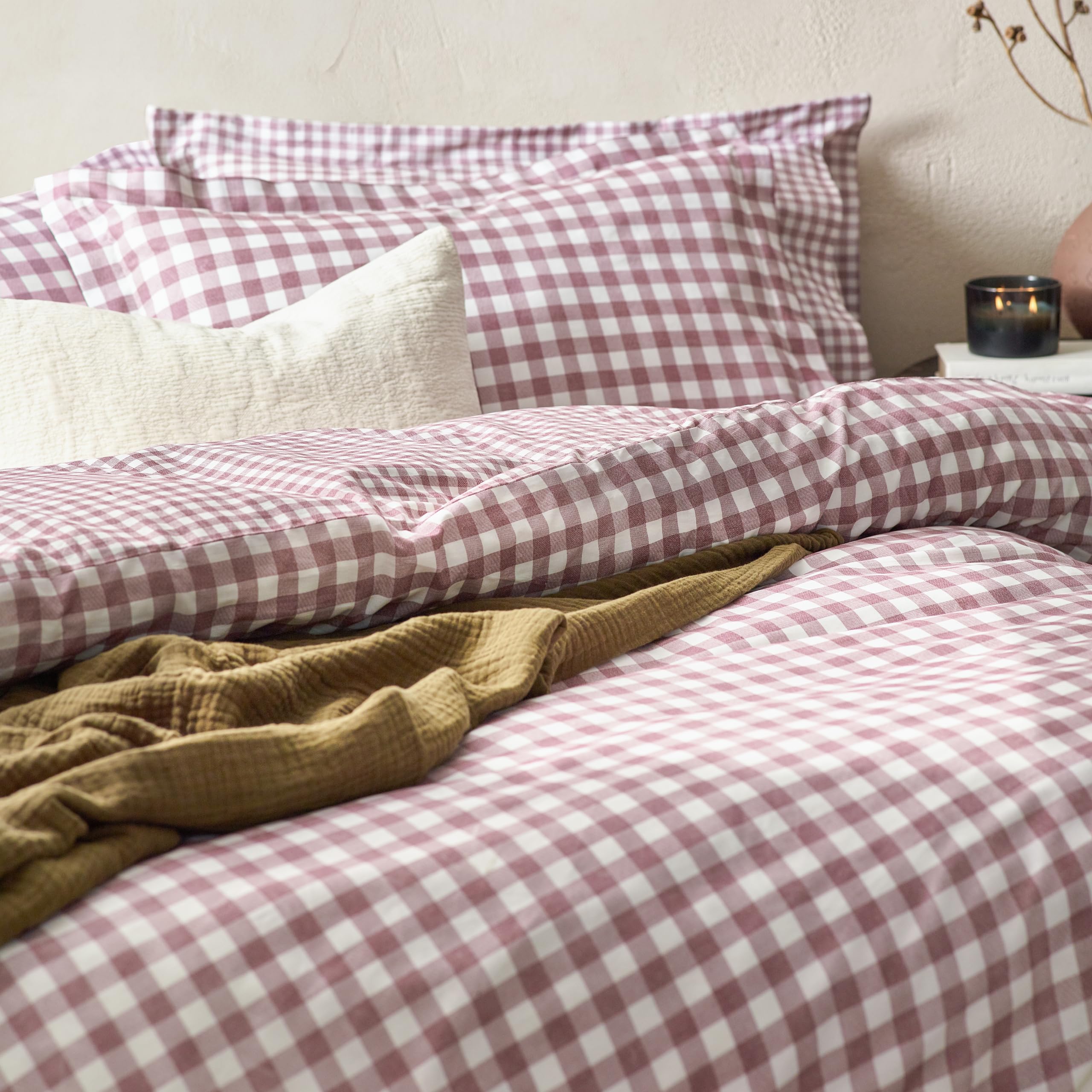 Yard Barton Gingham Check Duvet Cover Set, 100% Cotton Reversible Oxford Pillowcases Soft & Breathable Premium Bedding (Berry - Image 2