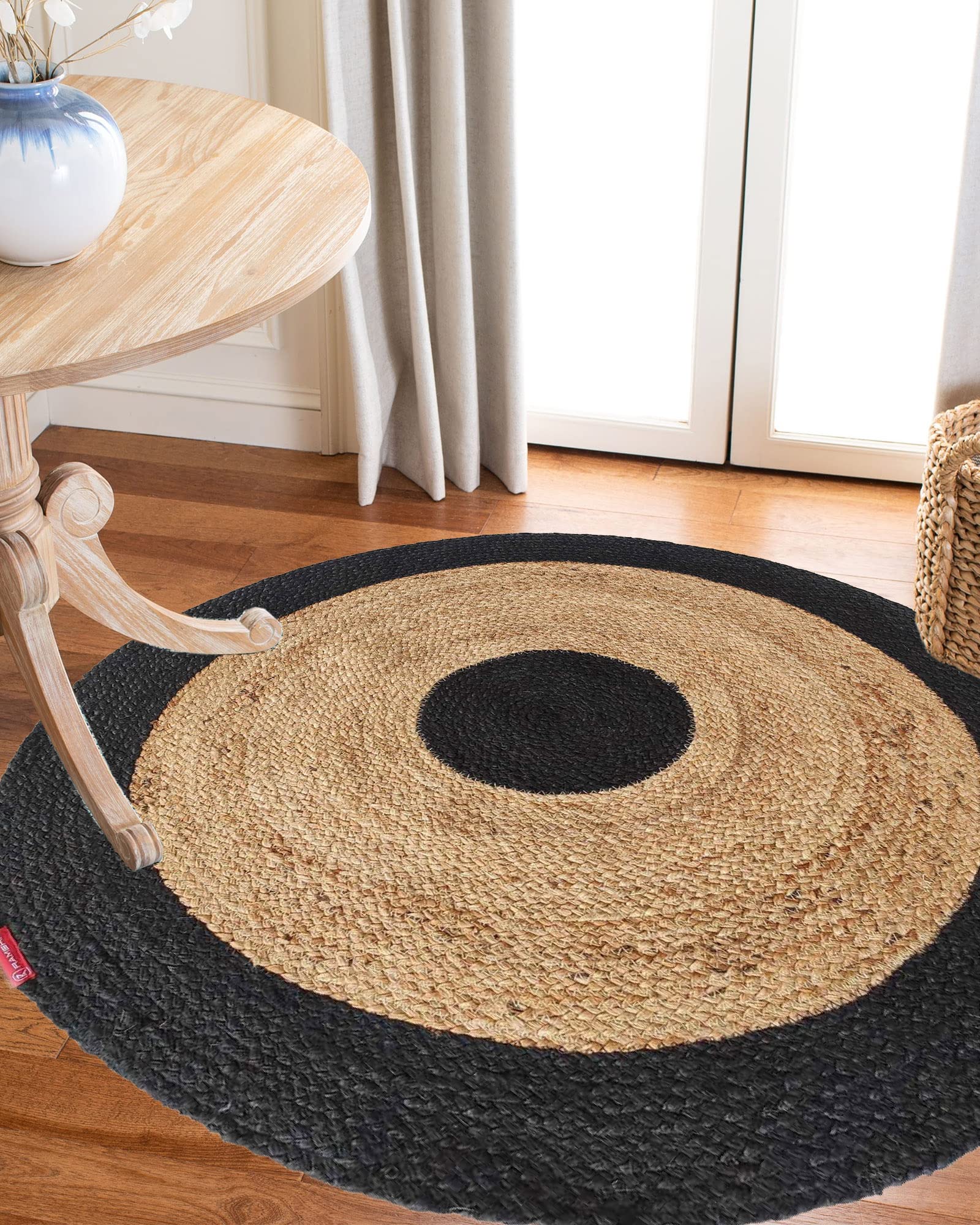 Ramsha Home Handmade braided rug kitchen mat jute carpet 90 cm Handwoven BR-003 Jute Area Rug natural jute floor rug round shape with black border.