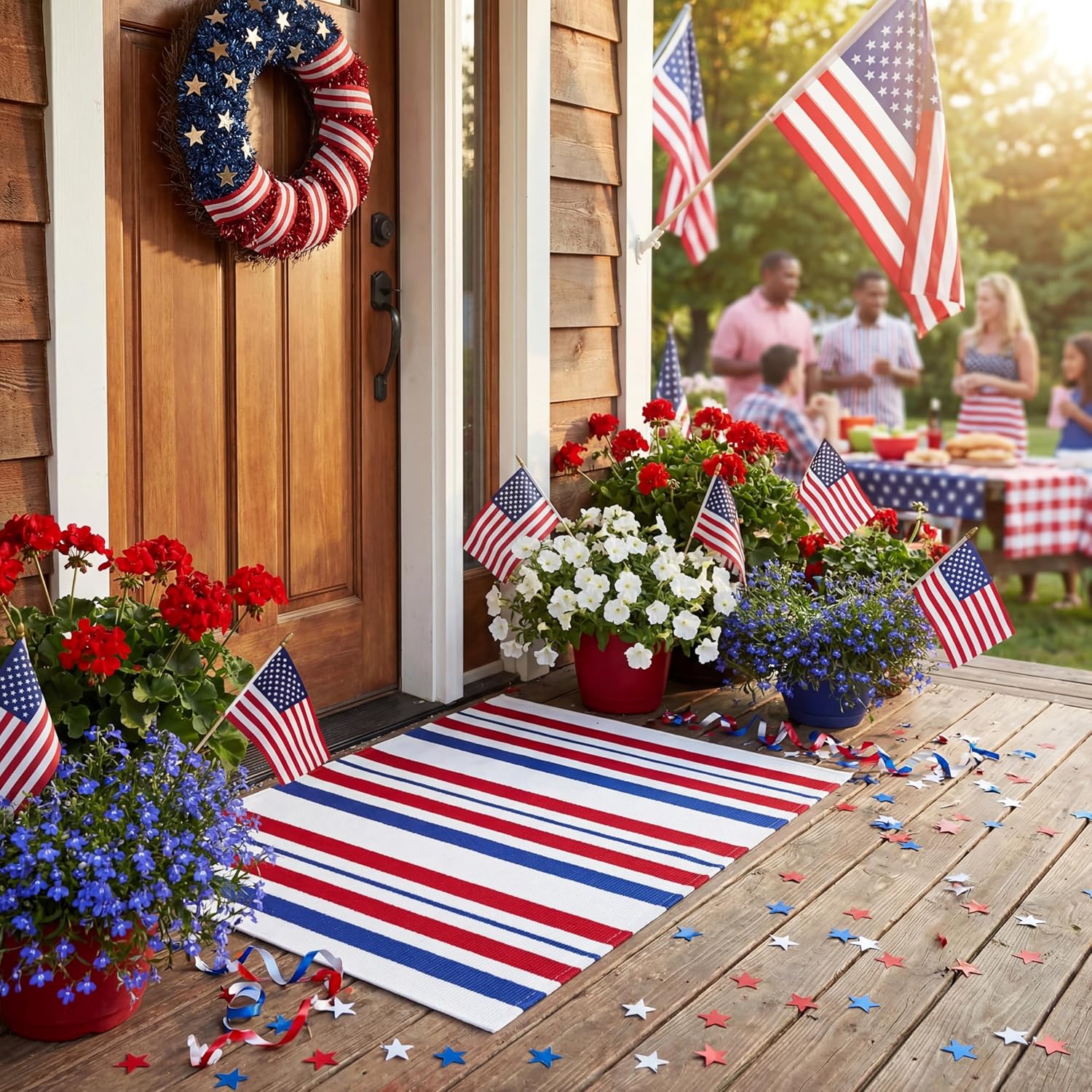 Duraaamo Patriotic Door Mat 250th Anniversary Blue Red White Stripe Doormat USA Memorial Day Welcome Mat Outdoor Rug 24 x 35 Inch Washable Front Porch Entryway Layering Rug for Farmhouse 4th of July