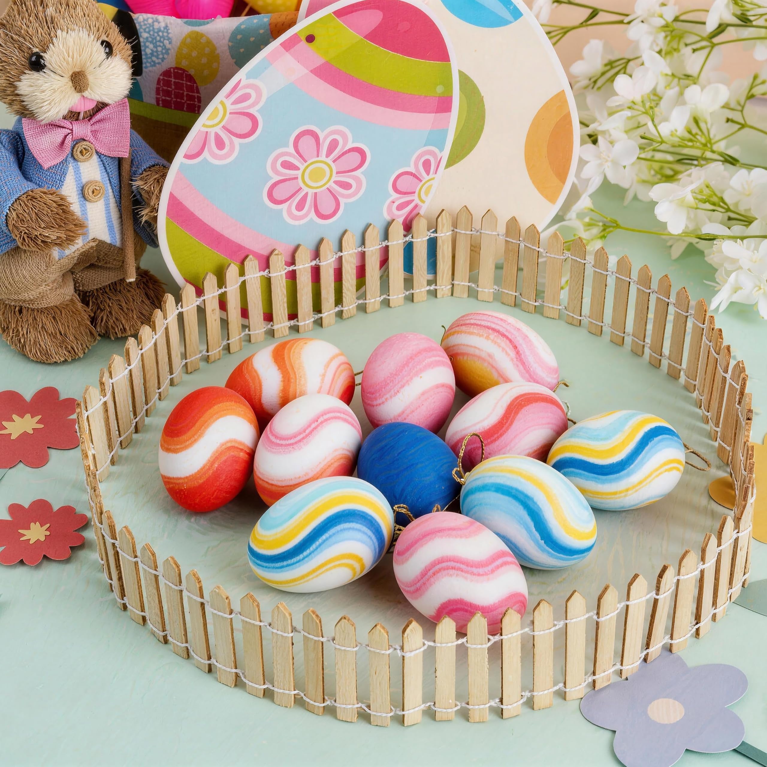 JOYIN Kit De Manualidades Para Colgar Huevos De Pascua, Incluye 12 Huevos Blancos, Pintura Con Purpurina Y 6 Colores, Decoración De Árboles Y Ramos De Pascua