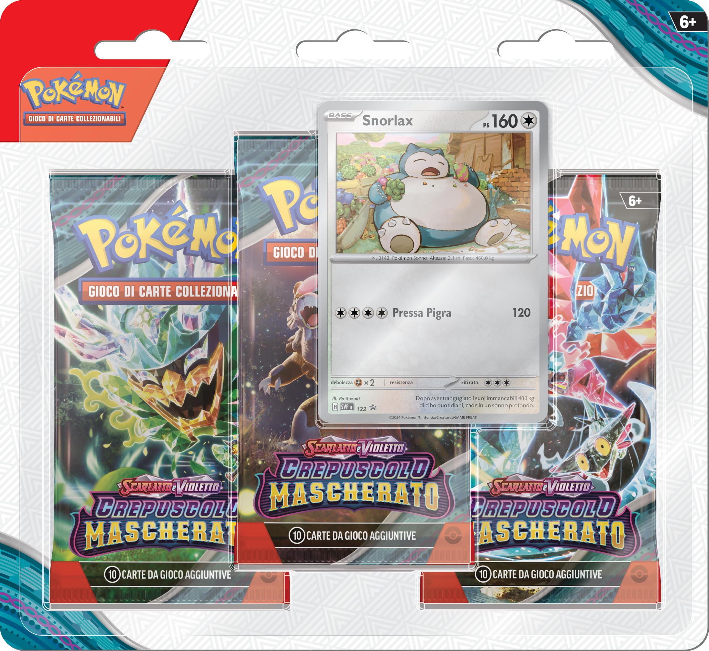 Pokémon- Paquete Snorlax de la expansión Escarlata y Violeta-Crepúsculo Enmascarado del GCC (Tres Sobres y una Carta Promocional holográfica), edición en Italiano (189-60505)