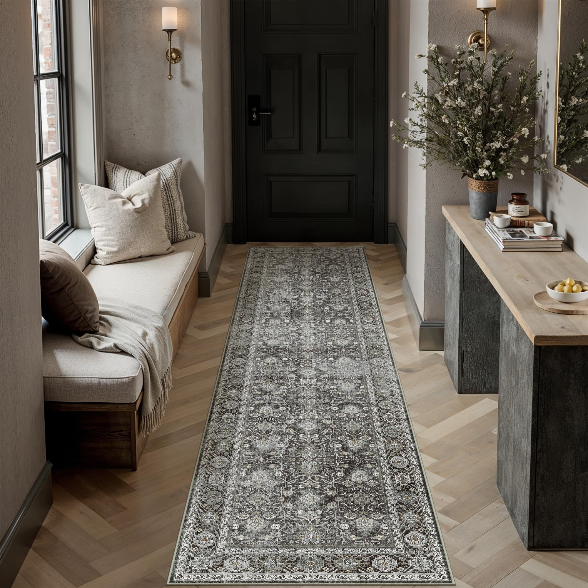 PureCozy Black Runner Rug 2.6x8 Vintage Traditional Distressed