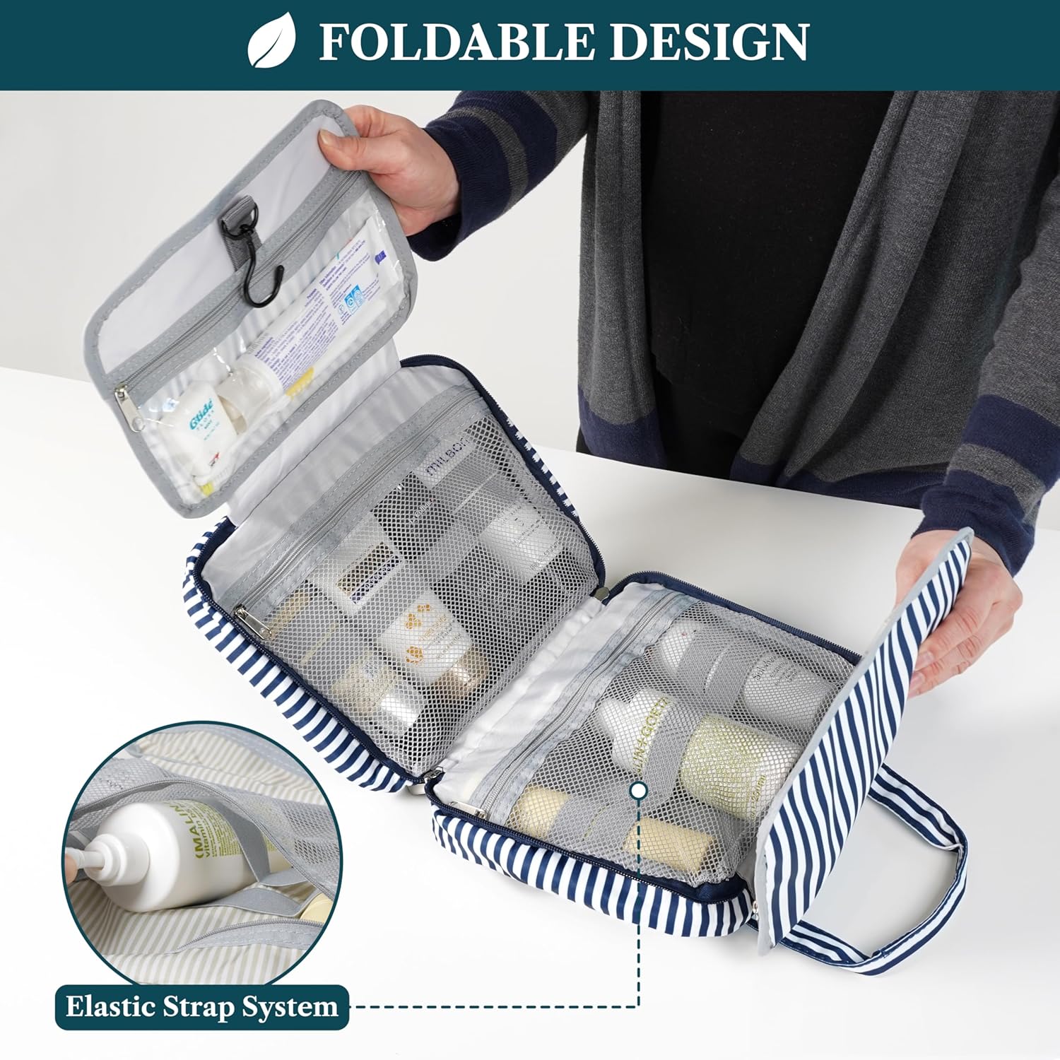 PAVILIA Hanging Toiletry Bag Travel Bag Women Men, Foldable Cosmetic Organizer, Roll up Makeup Bag, Water Resistant Accessories Toiletries, Large Travel Essentials Kit (Navy Stripe) - Image 4