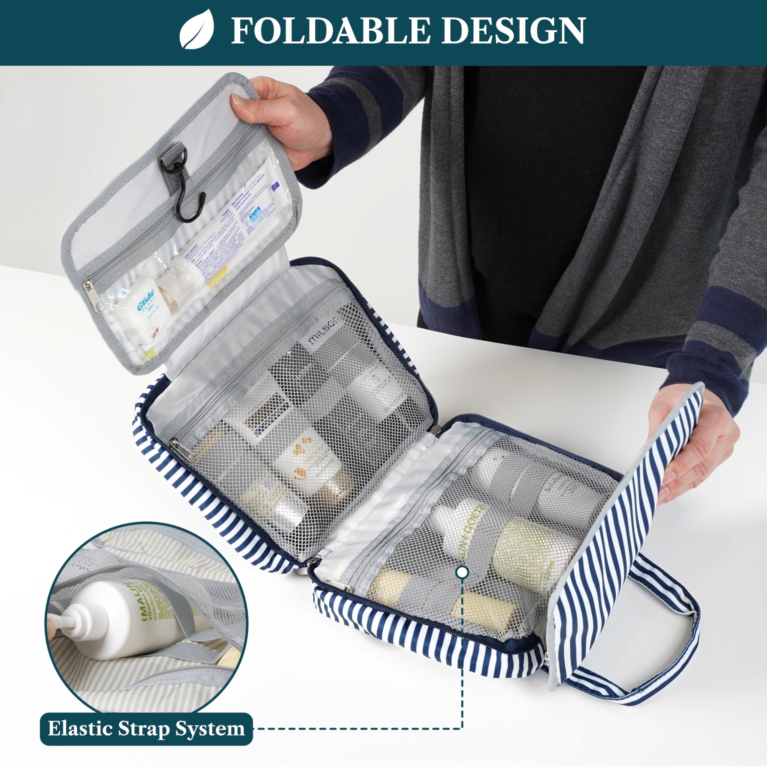 PAVILIA Borsa da toilette da appendere borsa da viaggio donna e uomo, organizer pieghevole per cosmetici, borsa per il trucco resistente all'acqua, accessori da toeletta, grande kit essenziale da