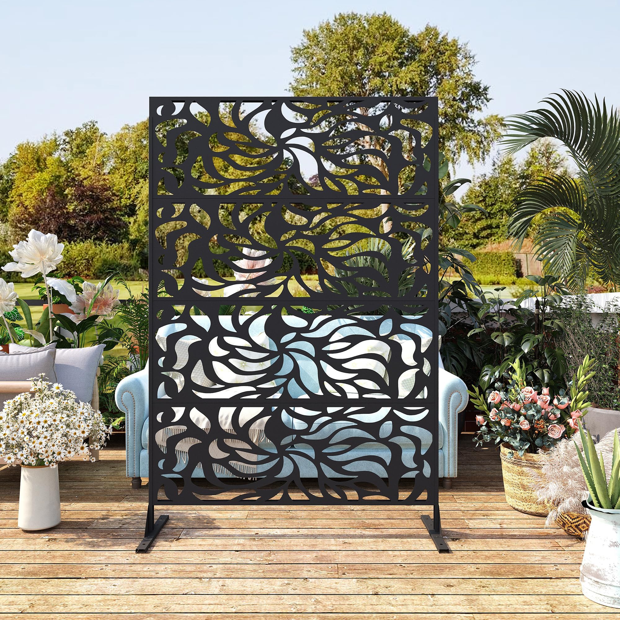 Garvee Decorative Garden Privacy Screen with Stand, 180H x 117W cm Metal Freestanding Outdoor Divider, Rust-Resistant Privacy Fence Trellis for Balcony Patio Backyard Pool Indoor Room Hot Tub - A