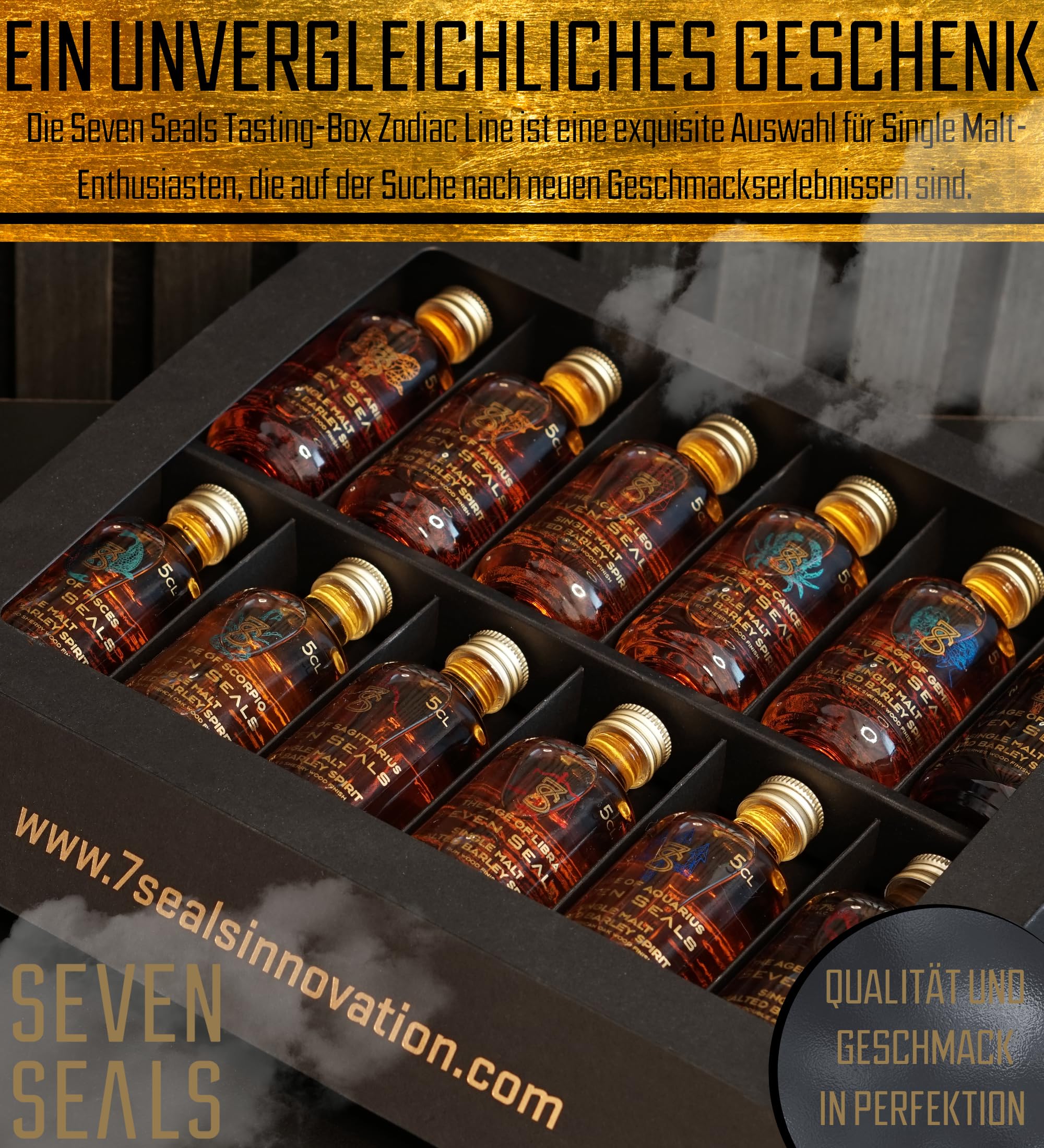 Seven Seals Single Malt Geschenkset | Zodiac Tasting Set | 12 x 5cl Tasting Miniaturen | Premium Probierpaket | Geschenkidee für Männer & Genießer | Schweizer Qualität | 49,7 % Vol