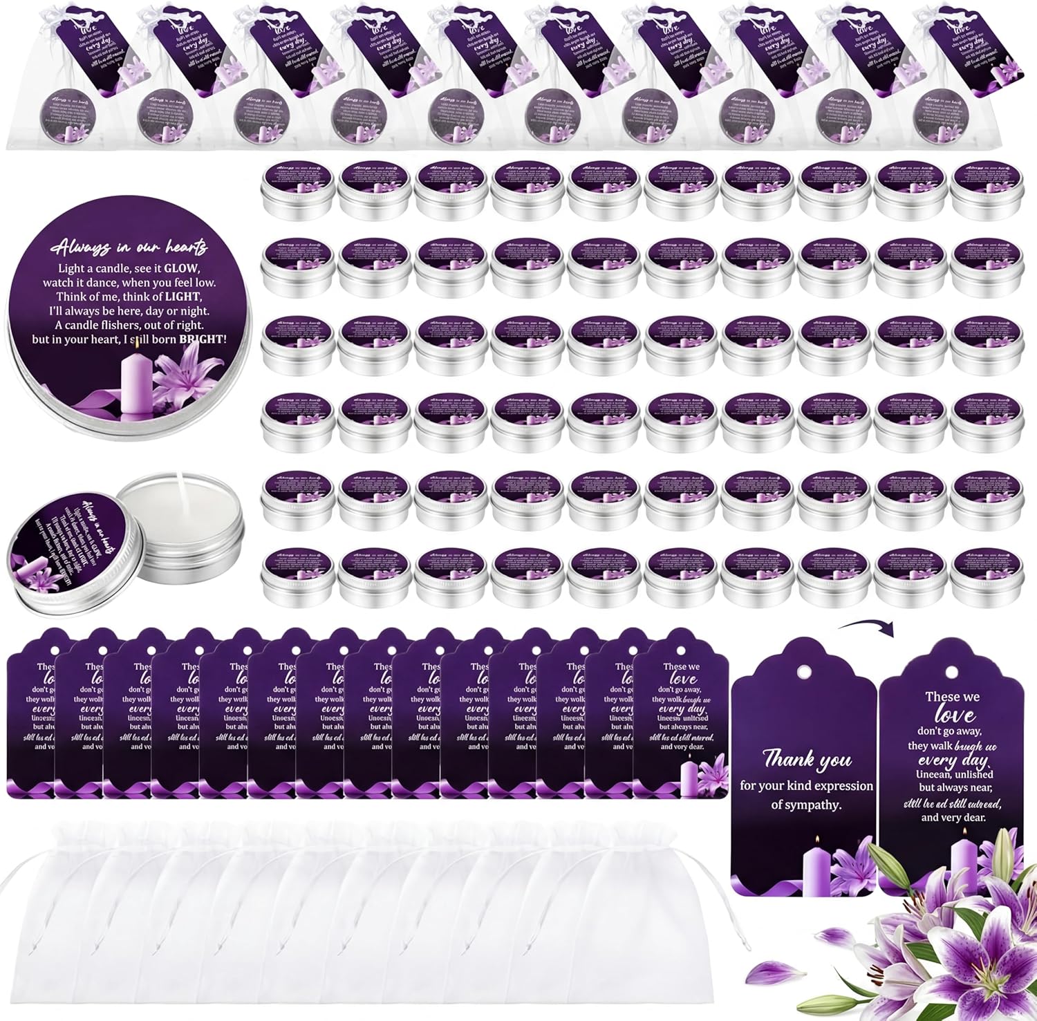 Conelist 60 Sets Funeral Favors for Guests Memorial Candles Gift Celebration of Life Funeral Candles Prayer Cards Organza Bag Supply Scented Sympathy Gift Memorial Service Grief Share Meeting(Purple)