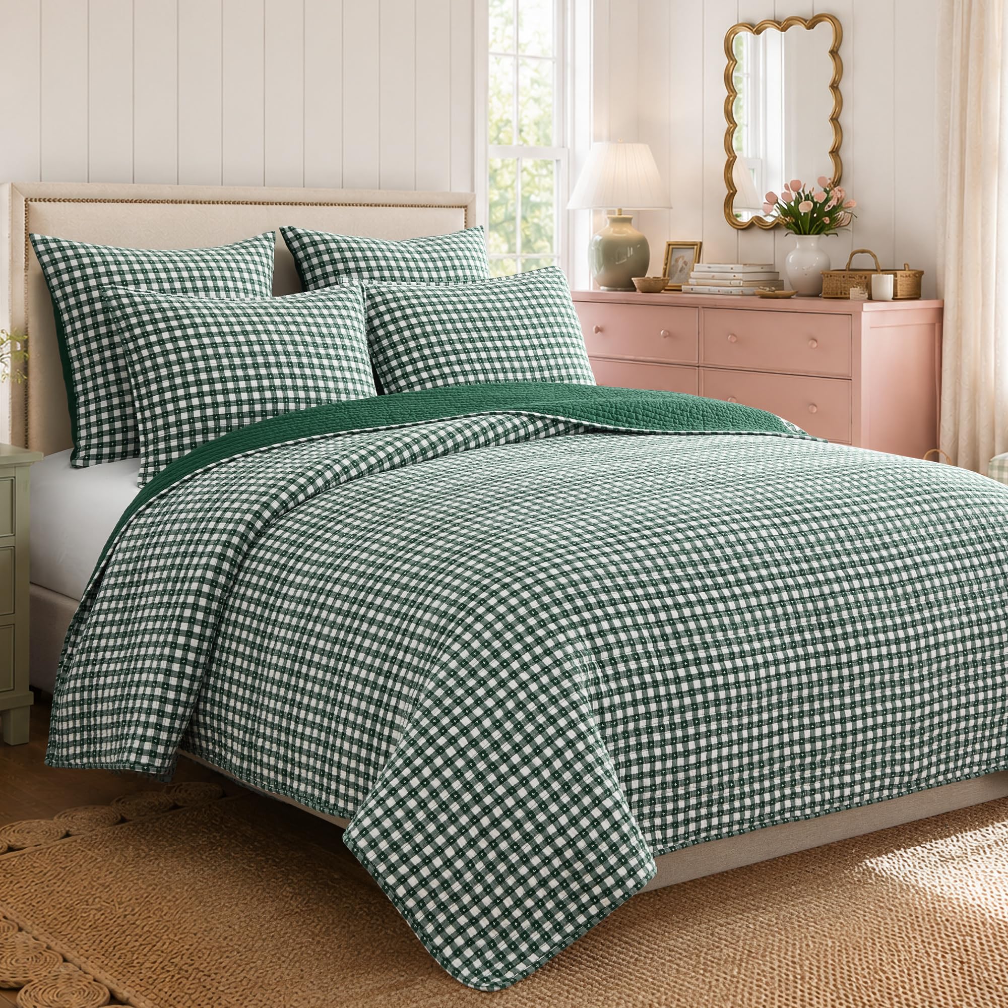 Levtex Home Camden Gingham Stitch Forest Green King Quilt Set - 106x92in. Quilt and Two 20x36in. Shams - Green and Ivory Gingham - Reversible - Cotton