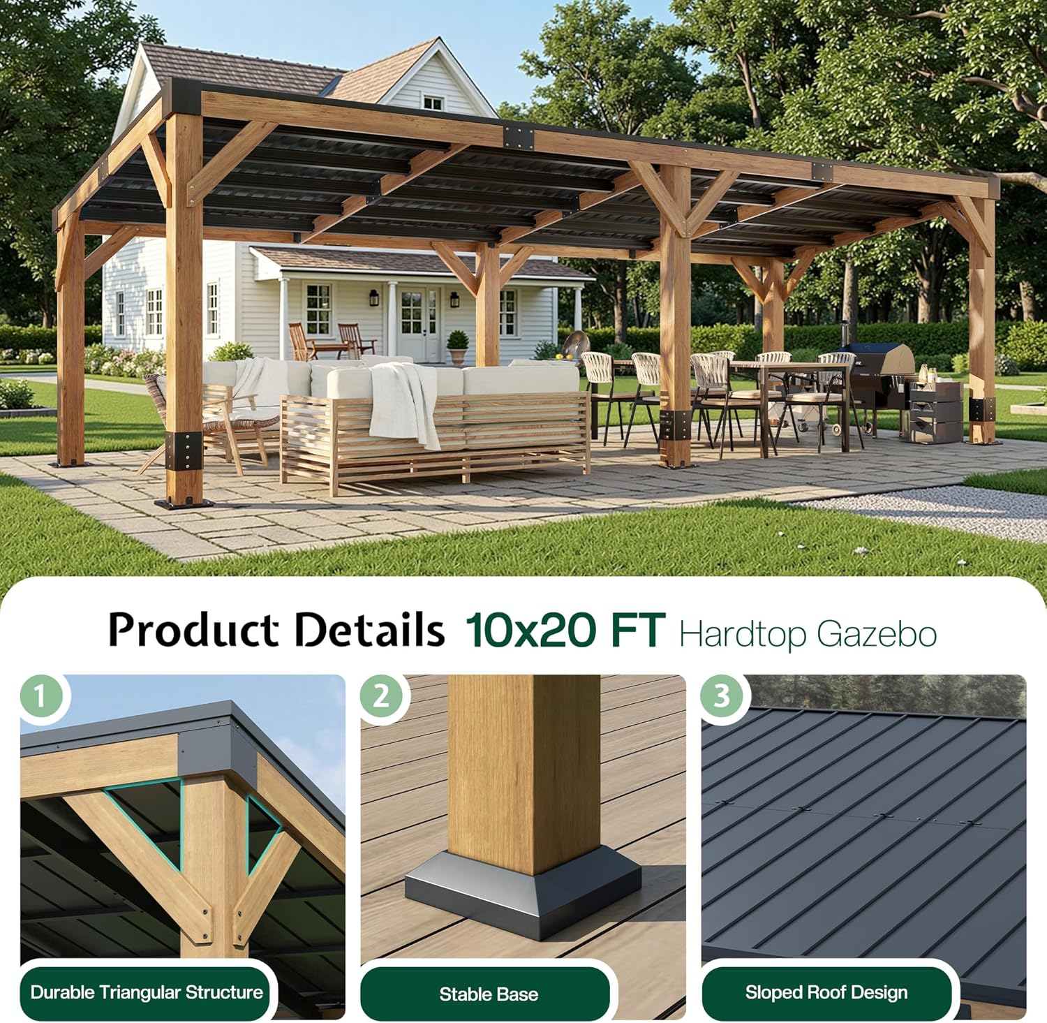 Jocisland 10' x 20' Spruce Wood Carport for 2 Cars, Outdoor Grill Gazebo with Hardtop Lean Roof, Wind & Snow Resistant, Heavy Duty Pergola for Garden, Patio, Backyard