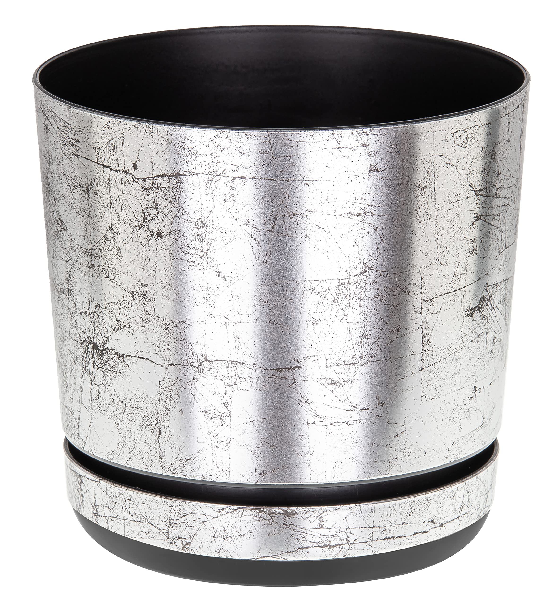 KORAD Old Silver Indoor Plant Pots with Drainage Holes and Attached Saucer, Round Modern Decorative Plastic Flowerpots for Houseplants, Succulents, 6 Sizes, 25 Colour Options- (16 cm(6.3 inches))
