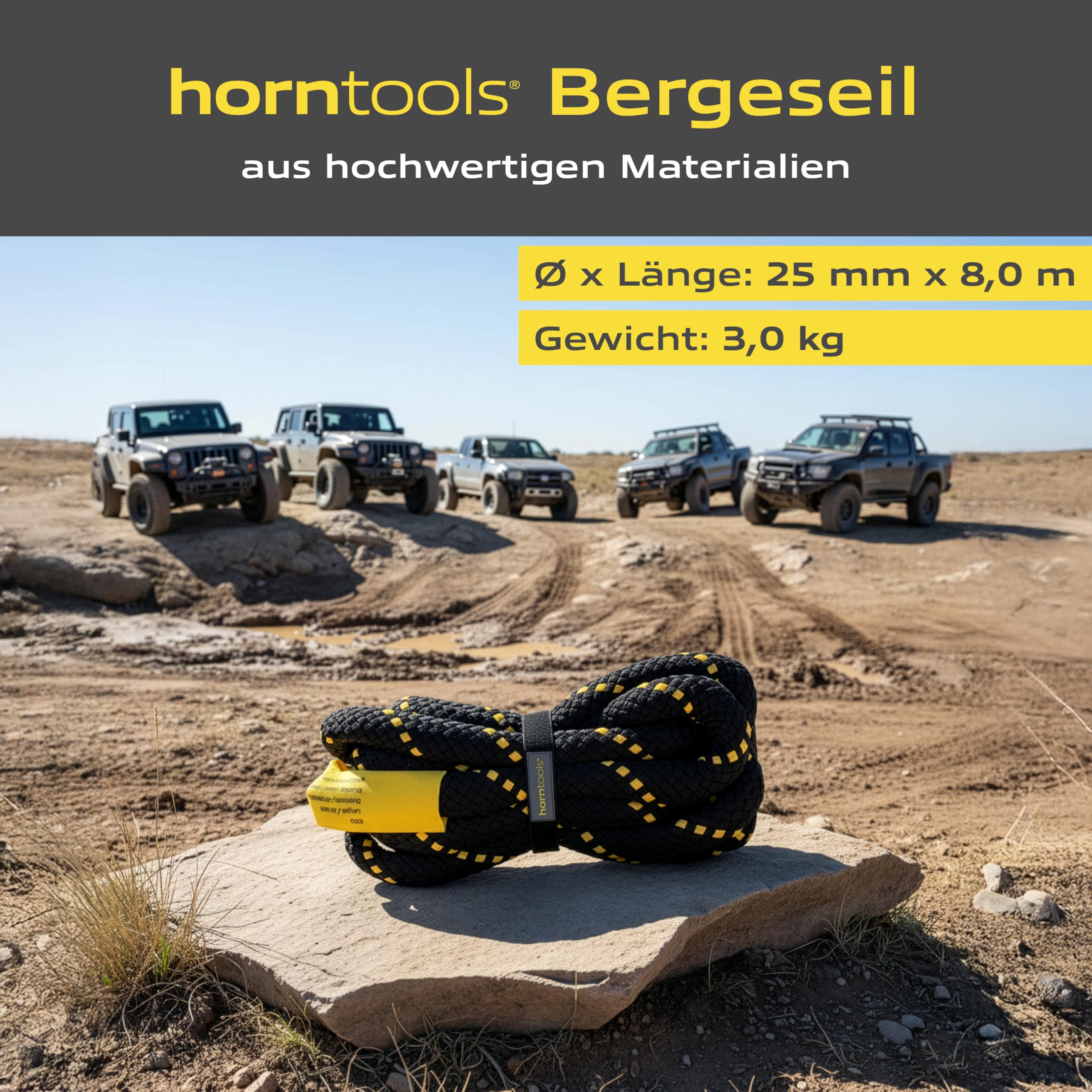 horntools Bergeseil kinetisch 24mm x 6,5m 12,7t Bruchlast, 6t WLL, schwarz, Abschleppseil PKW, Offroad, für LKW Jeep ATV UTV Traktor Straßenrettung