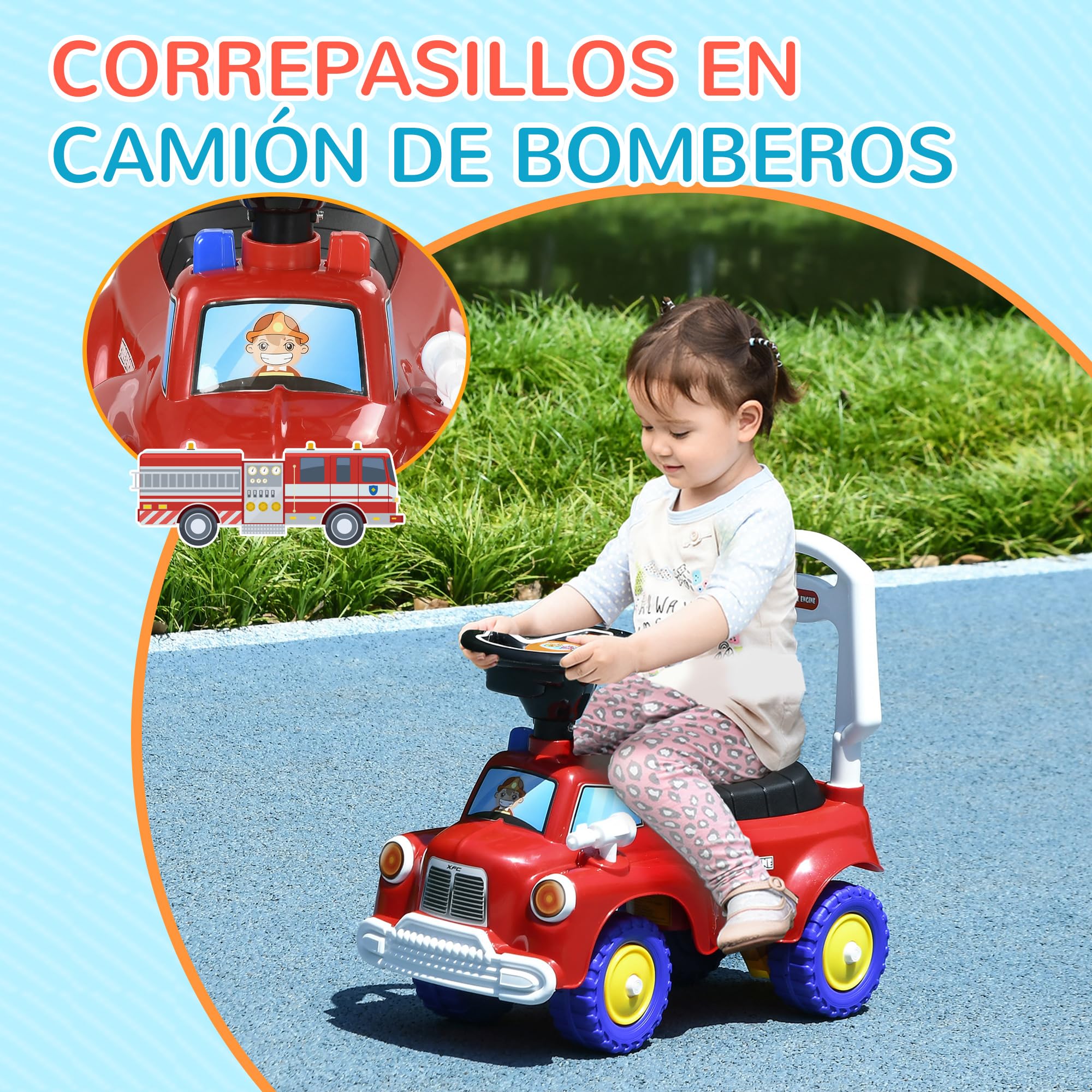 AIYAPLAY Coche Correpasillos para Niños de 18-36 Meses, Diseño de Camión de Bomberos, Correpasillos con 3 Luces, Música, Compartimento de Almacenaje y Volante, 49x24x42 cm, Rojo