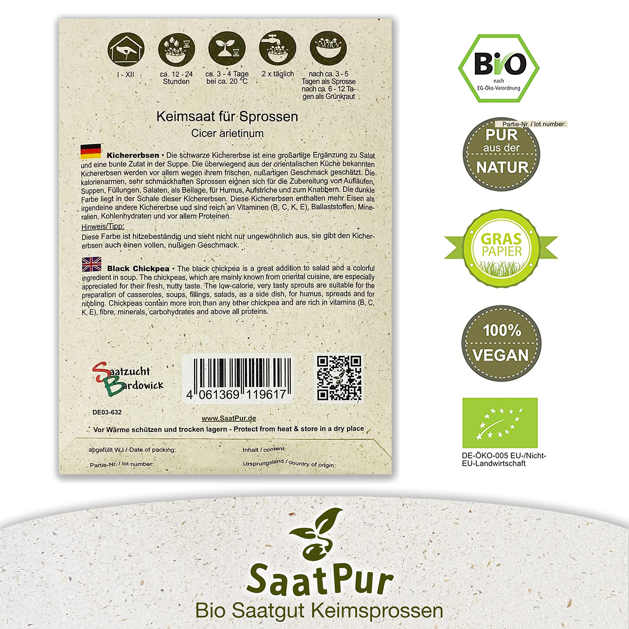 SaatPur Bio Keimsprossen - Kichererbsen Black Chickpea Sprossen, Microgreens - Kleines Tray mit 10 Portionstüten je 50g