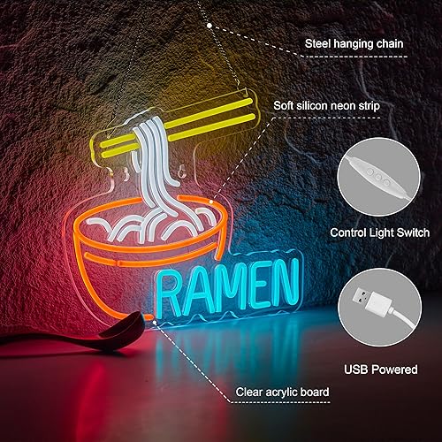 Miniatura 4 de Letrero de neón de ramen, luz LED para decoración de pared, regulable, restaurante, ramen, tienda, luces de neón LED alimentadas por USB, letreros