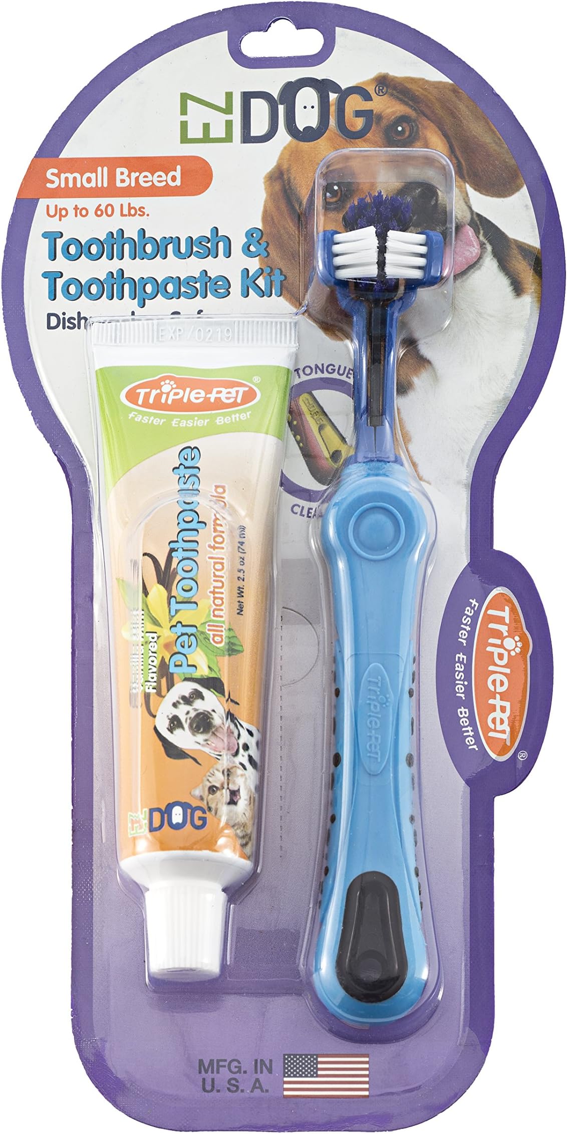 EZDOG Pet Dental Care 3-Sided Toothbrush & Natural Toothpaste Kit for Small Dog Breeds in Vanilla Flavor | Dogs Love the Taste