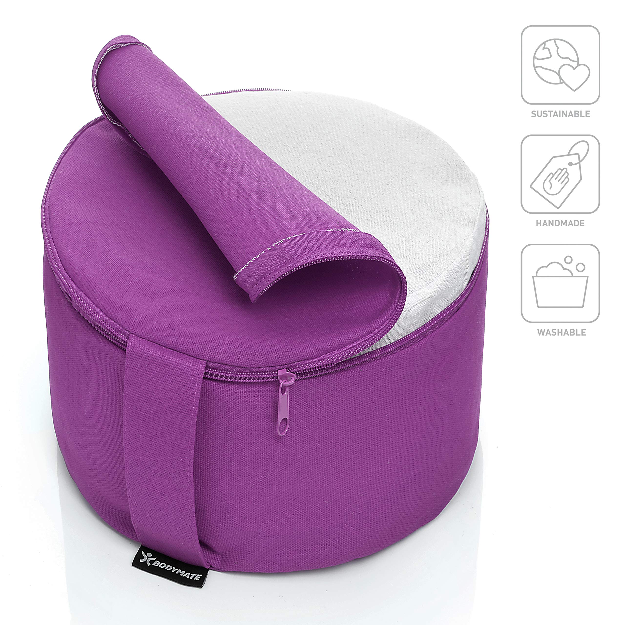 BODYMATE Cuscino da Yoga Rotondo Extra Alto 20cm Diametro 31cm con Imbottitura di Grano Saraceno e Spelta – Rivestimento Lavabile in Lavatrice 100% Cotone Extra Spesso – Cuscino da Meditazione – Zafu