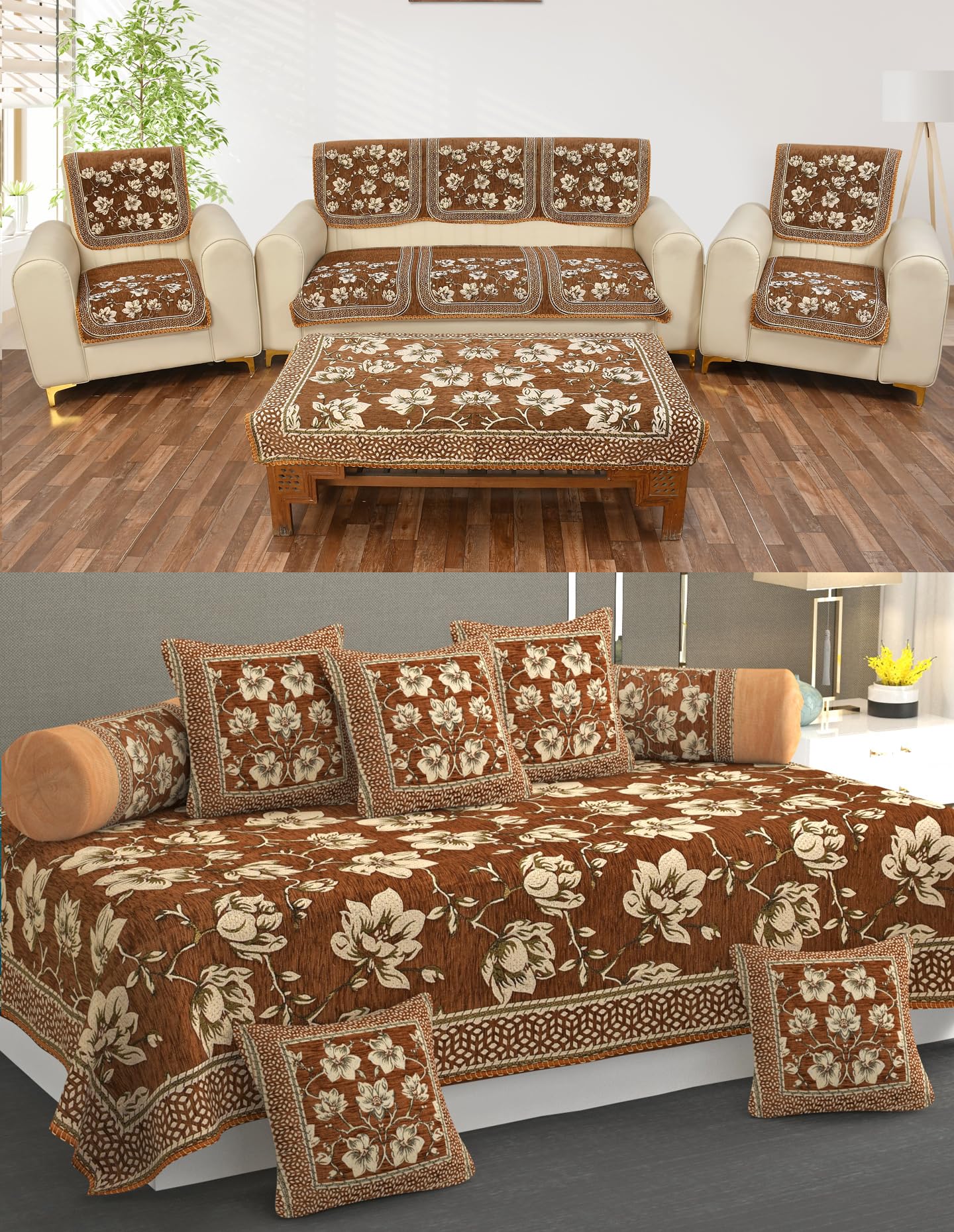 MULTITEX Heavy Chenille Velvet Sofa Cover with diwan Set and Table Cover Combo Set of 21 pcs-Camel-image-36