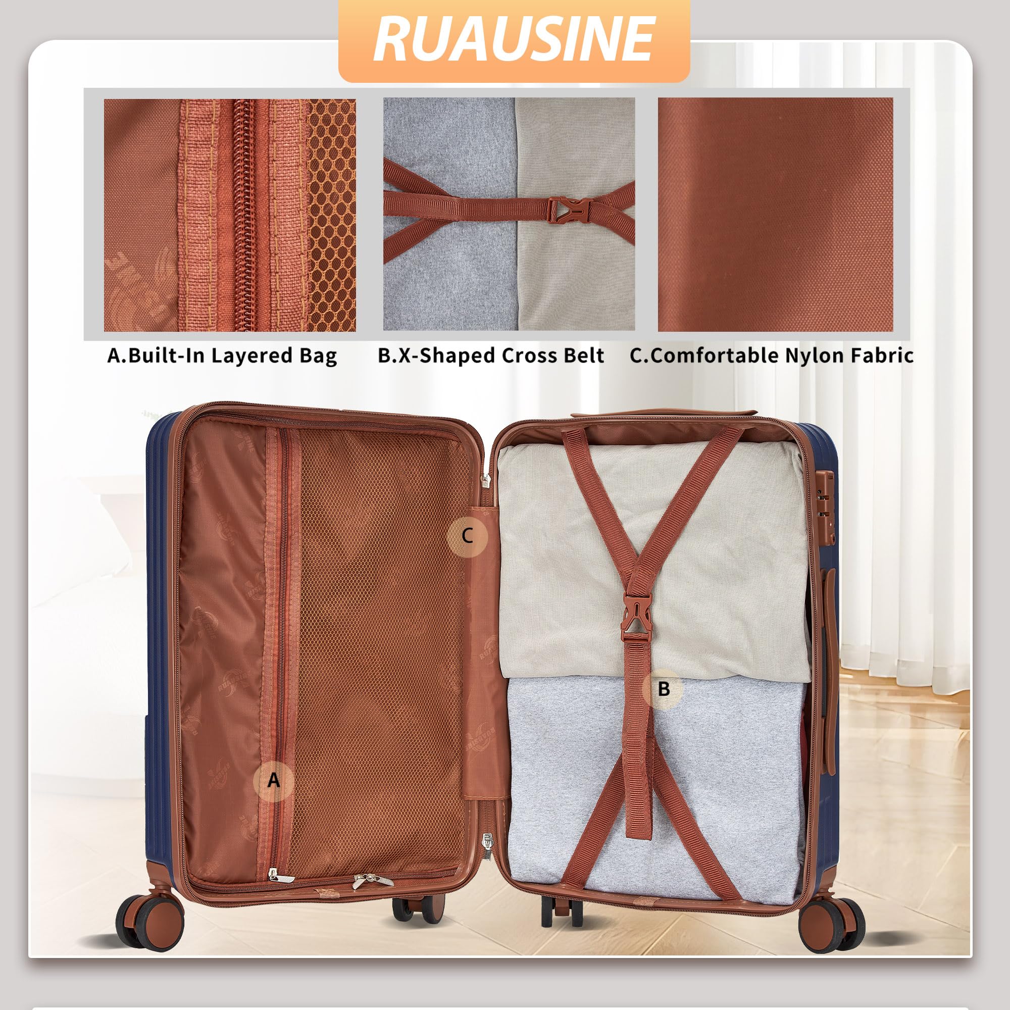 Ruausine Bagaglio a mano approvato dalle compagnie aeree, valigia rigida con ruote girevoli, piccolo bagaglio a mano leggero con guscio rigido e lucchetto Combinazione (Blue, 20 IN)