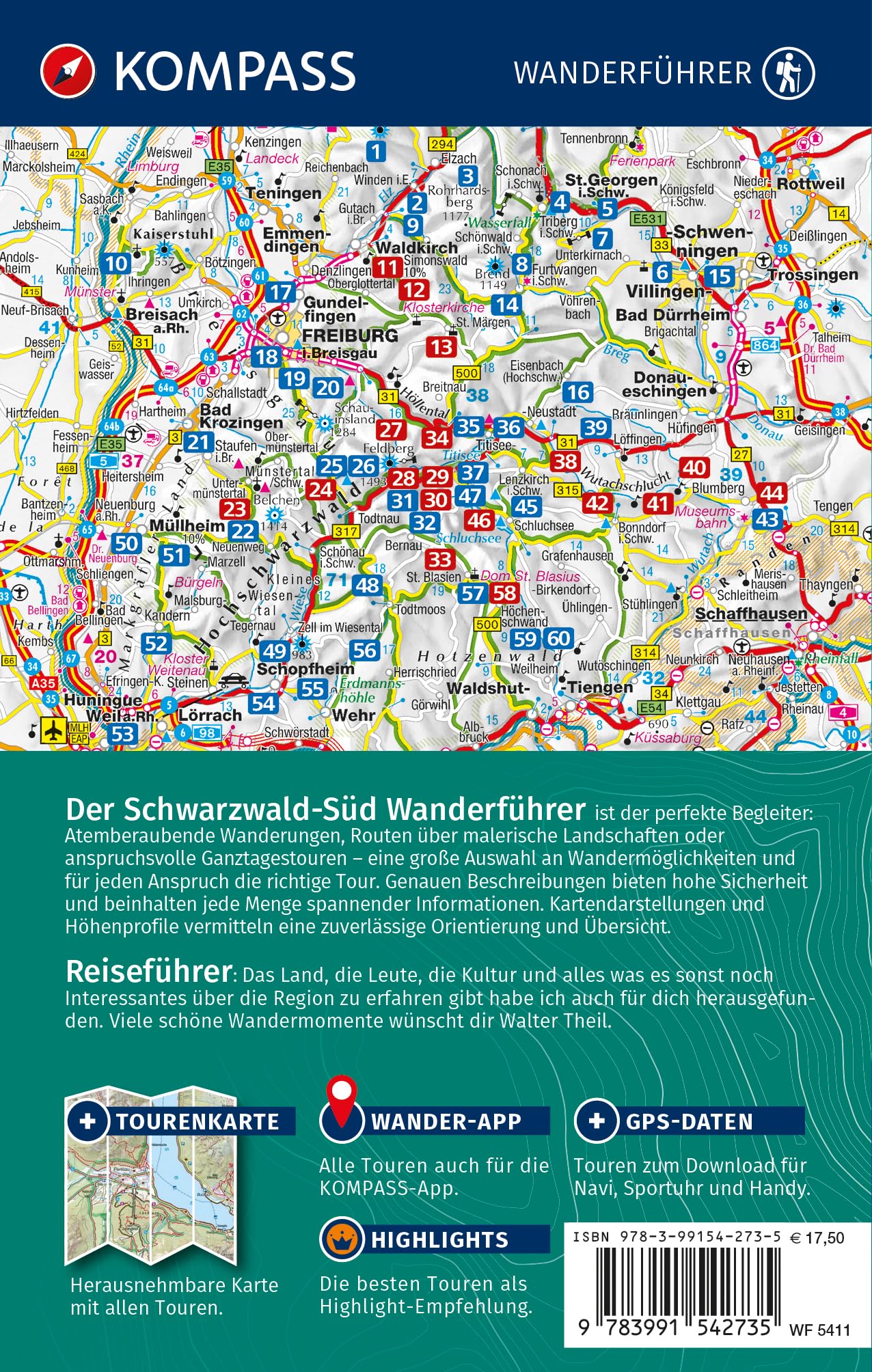 KOMPASS Wanderführer Schwarzwald Süd mit Naturpark, Kaiserstuhl und Markgräflerland, 60 Touren mit Extra-Tourenkarte: mit Touren und GPS-Daten in der KOMPASS-App: 5411