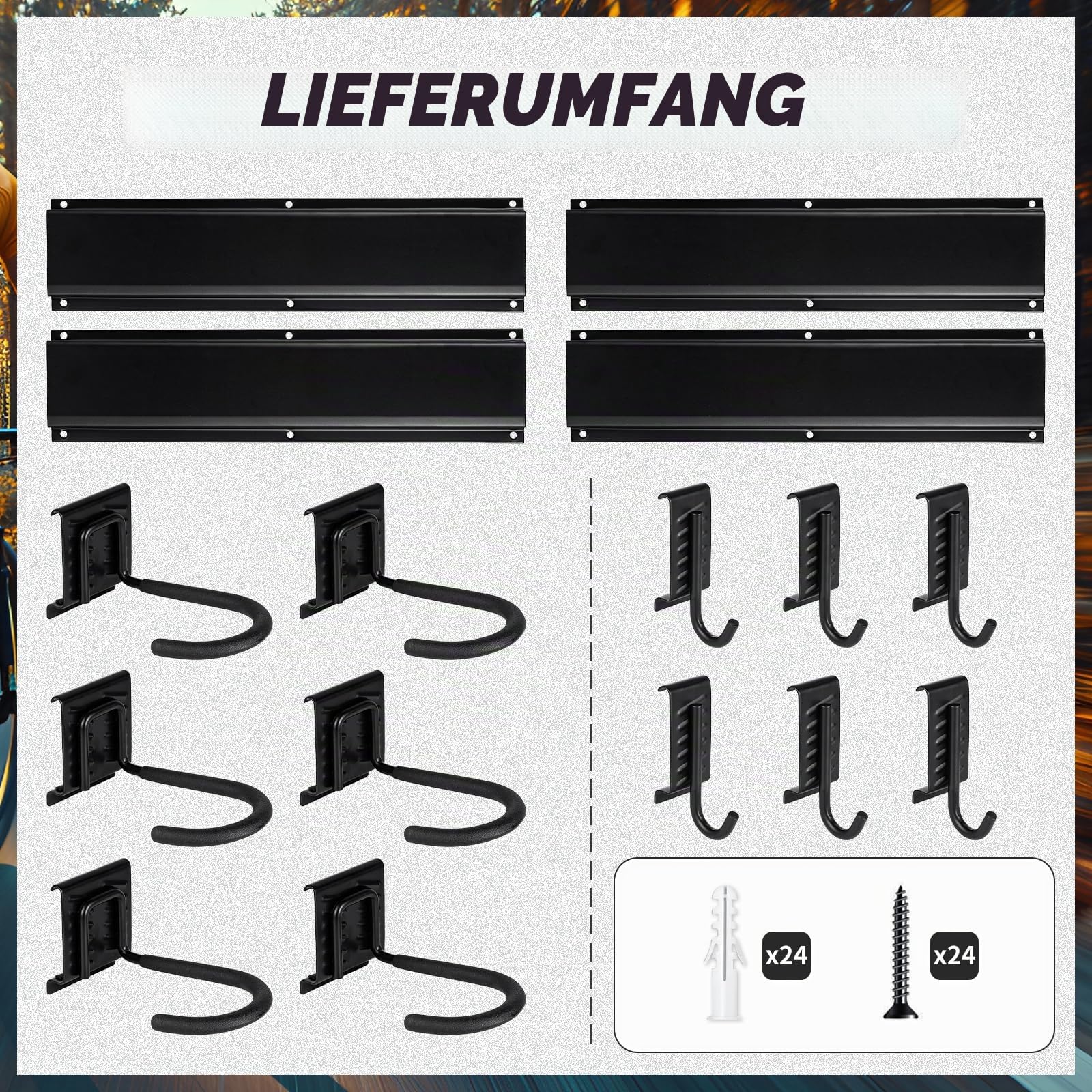 Fahrradständer, Wandhalterung für Garagenfahrradständer, 6 Fahrradständer und 6 Helmhaken, Max. Tragkraft 270 kg, 160 cm