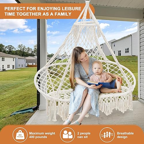 Miniatura 4 de Silla hamaca para 2 personas, columpio de macramé, silla colgante bohemia tejida a mano, marco de metal, capacidad de 400 libras para interiores y
