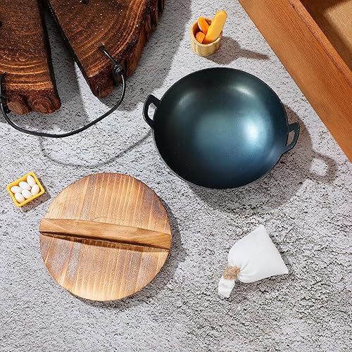 Miniatura 5 de Mini wok de hierro con tapa de madera, utensilios de cocina compactos antiadherentes de 3.74 pulgadas para kits de cocina de niños, camping,
