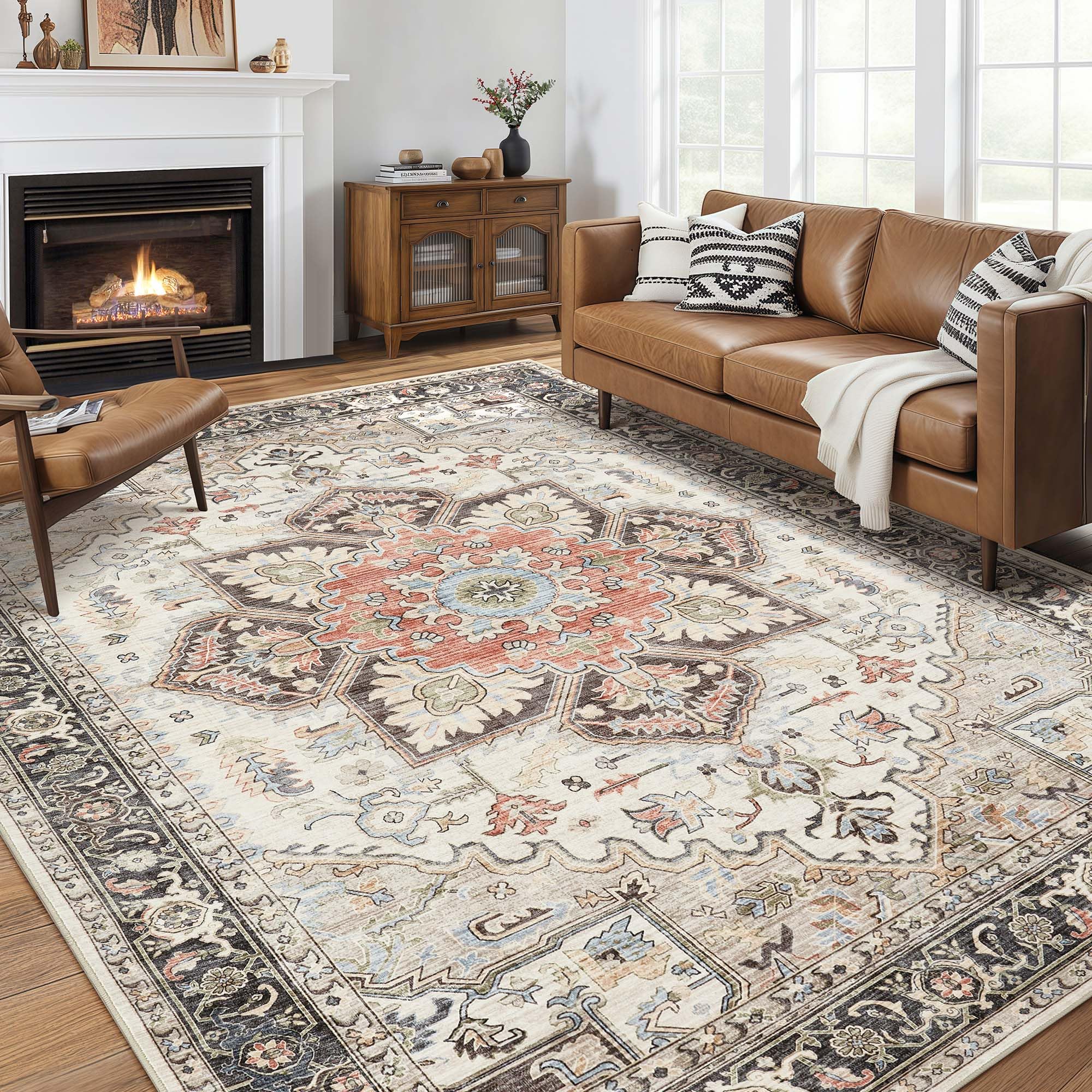 homewill Area Rug 10x14 for Living Room, Medallion Printed Ultra-Thin Soft Large Carpet, Oriental Non Slip Big Washable Fade Stain Resistant Rugs for
