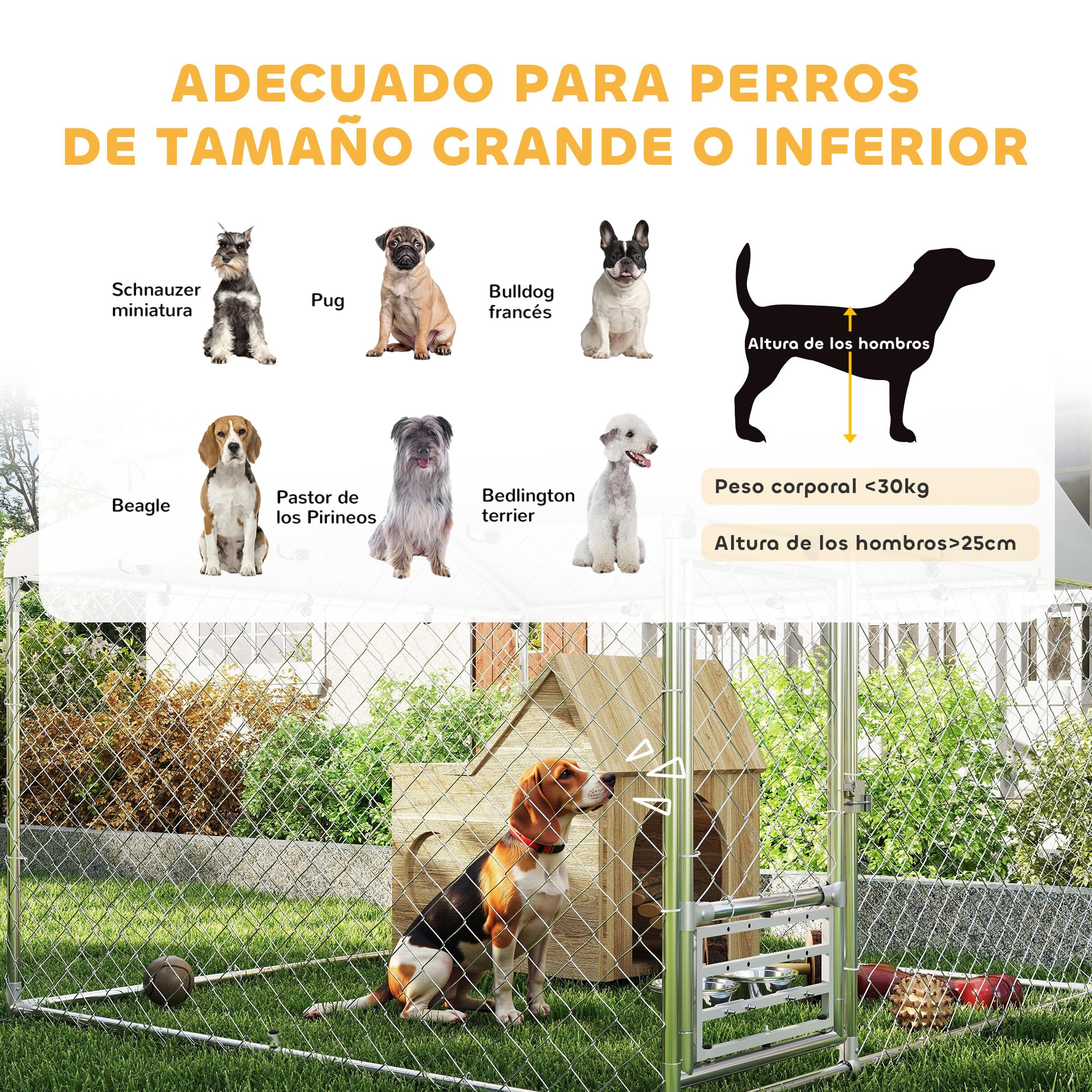 PawHut Perrera de Exterior con Techo Impermeable 2x2x1,55 m Jaula para Perros de Acero Galvanizado Soporte Ajustable y Giratorio para Comida 2 Cuencos para Perros Medianos y Pequeños